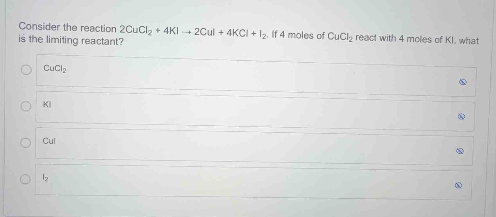 consider the reaction \\(2\\text{cucl}_2 + 4\\text{ki} \ ightarrow 2\\t…