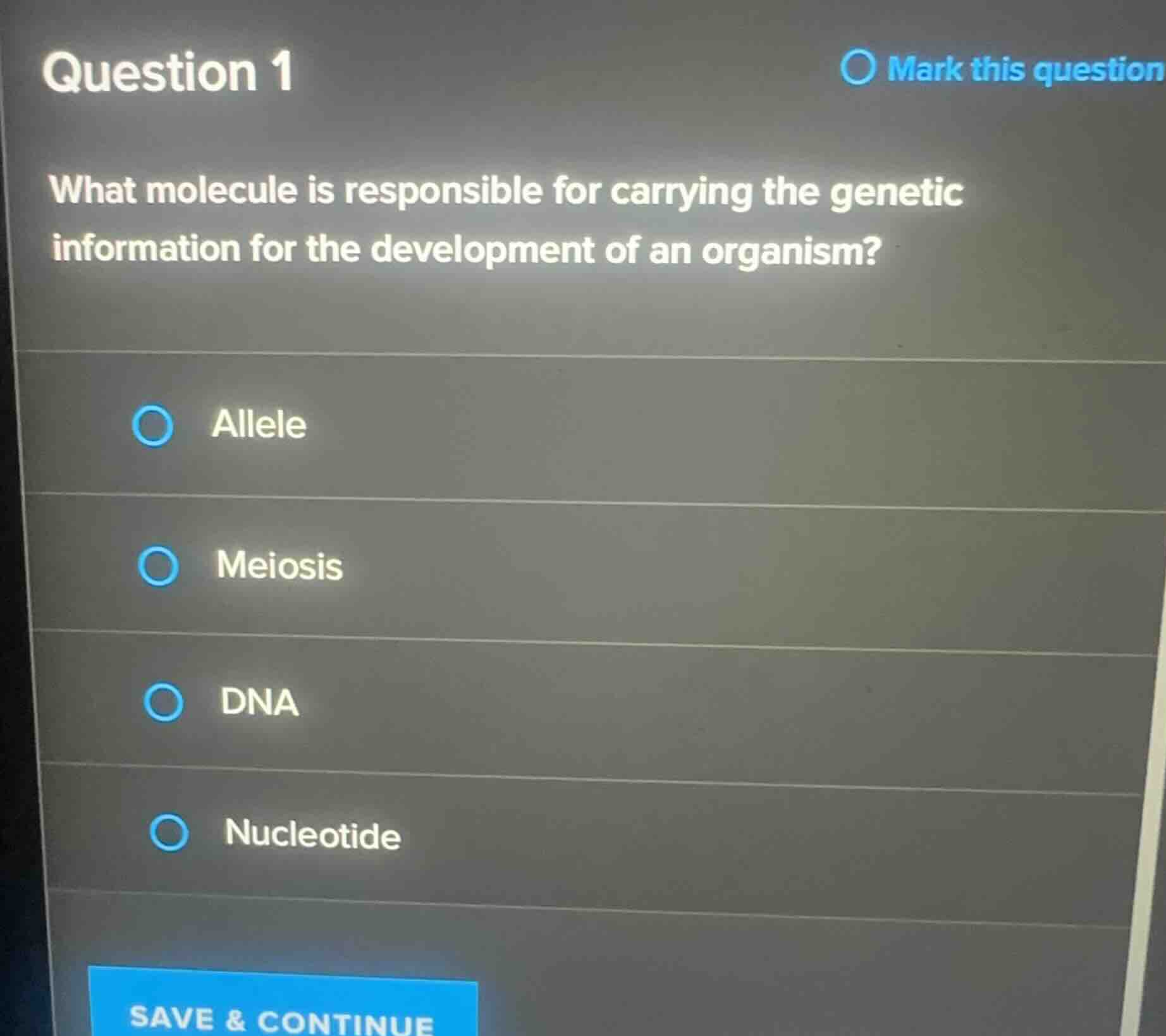 question 1 what molecule is responsible for carrying the genetic inform…