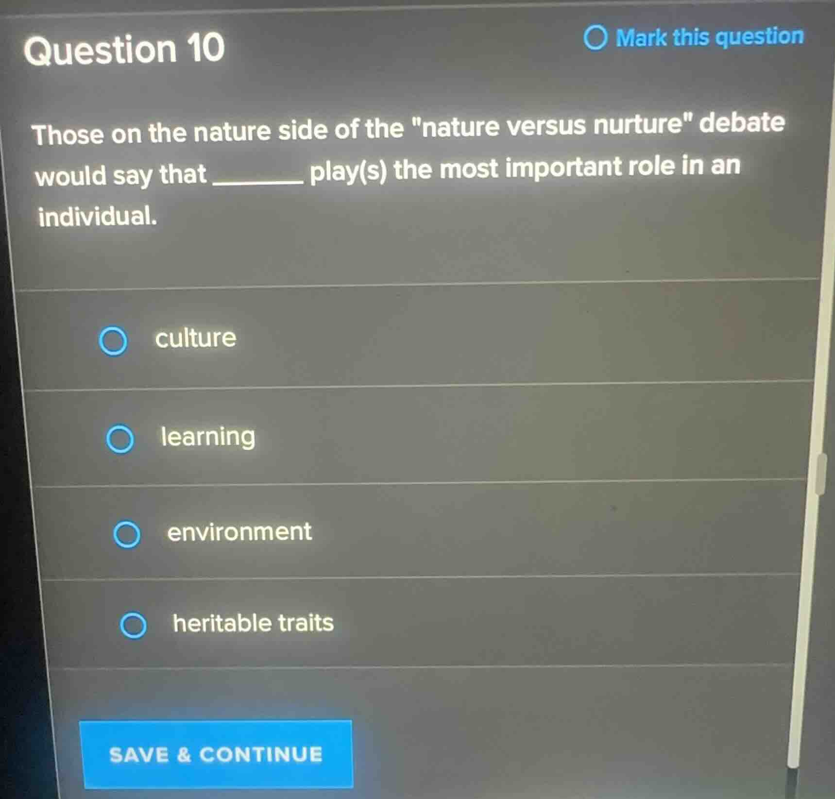 question 10 those on the nature side of the ature versus nurture\ debat…