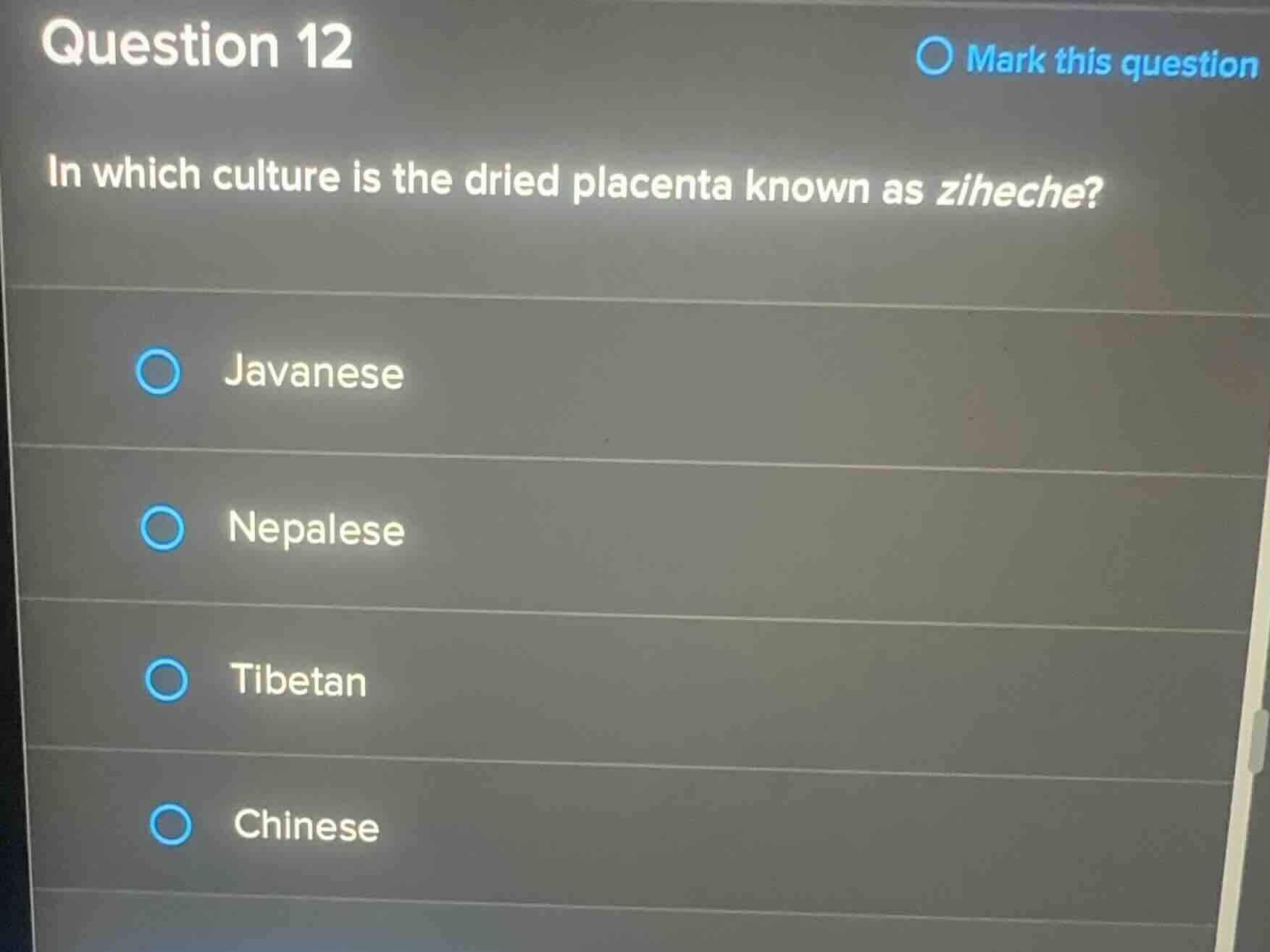 question 12 in which culture is the dried placenta known as ziheche? ja…