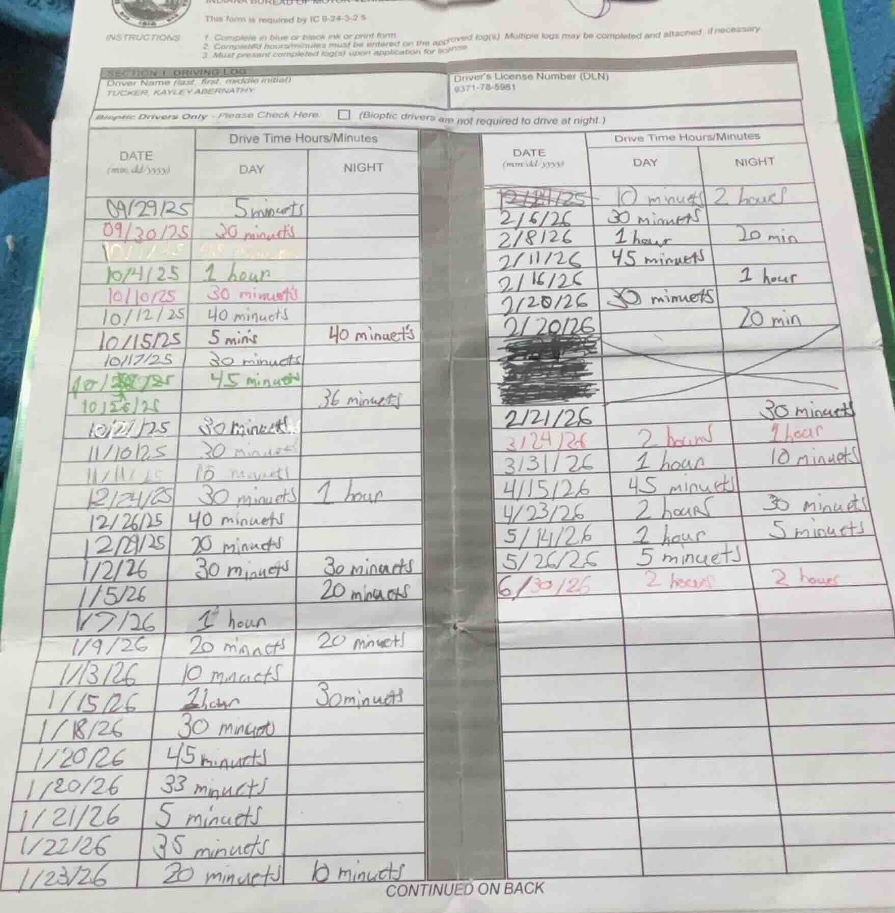 section 1: driving log driver name (last, first, middle initial): tucke…