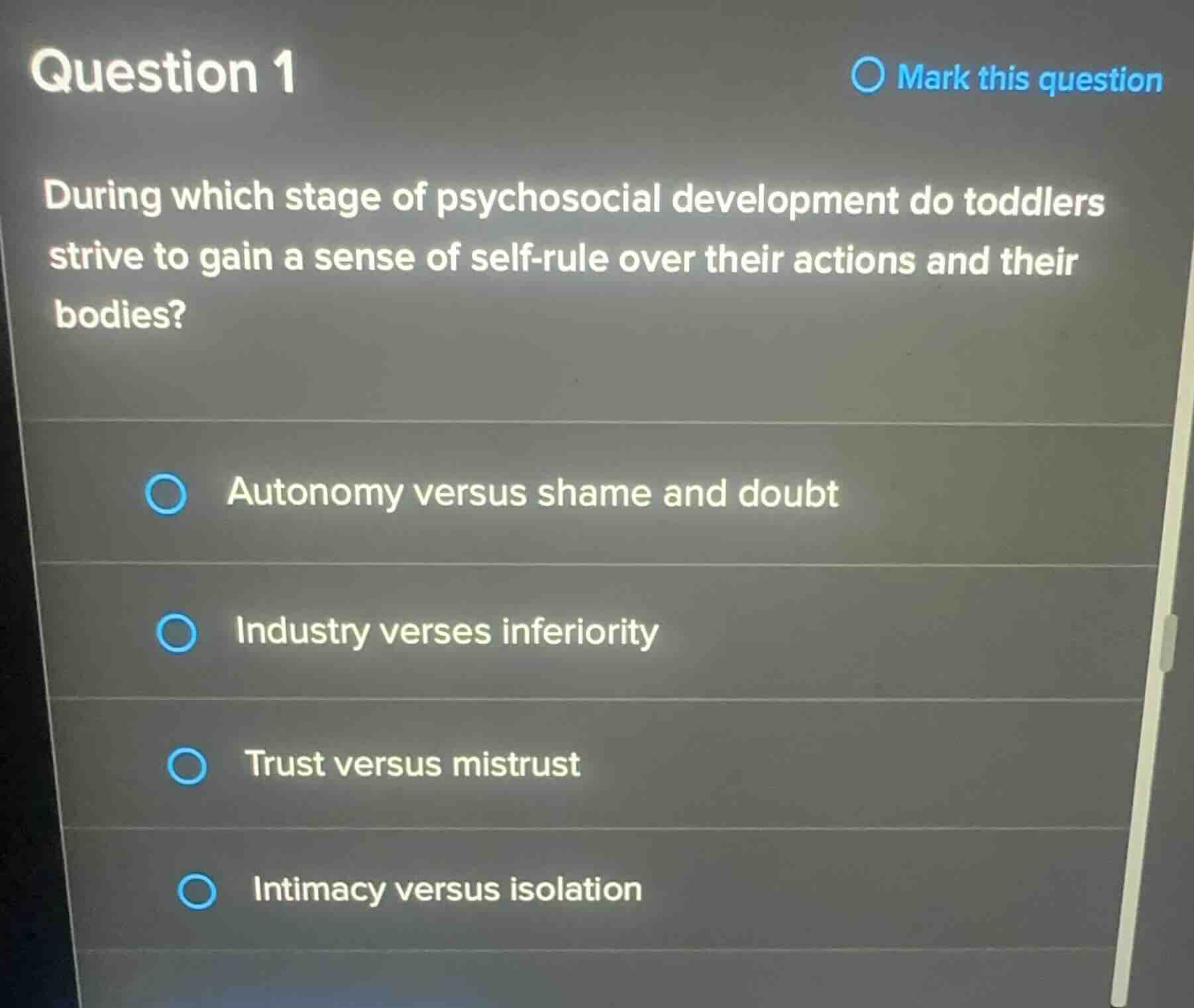 question 1 during which stage of psychosocial development do toddlers s…