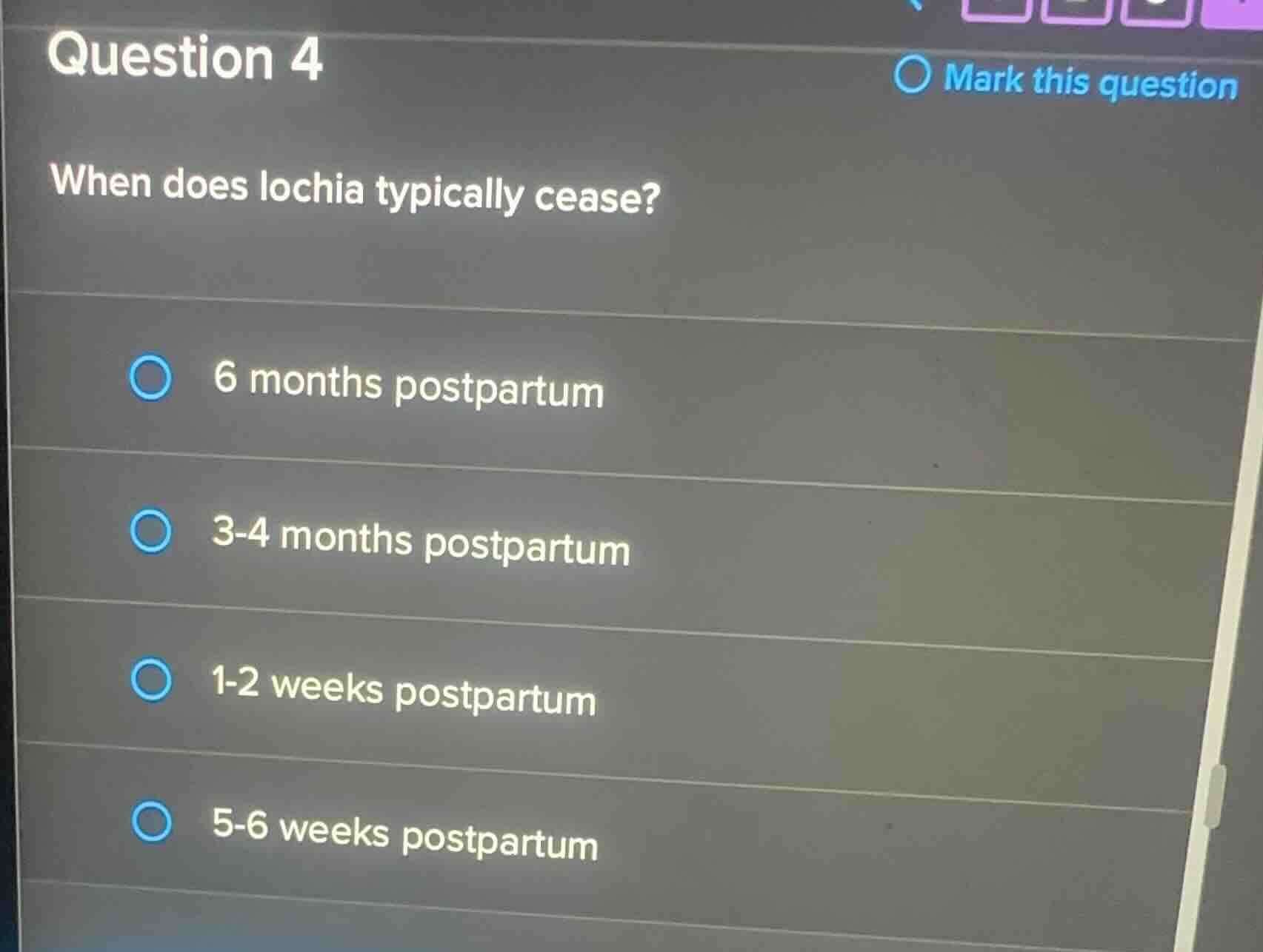 question 4 when does lochia typically cease? 6 months postpartum 3-4 mo…