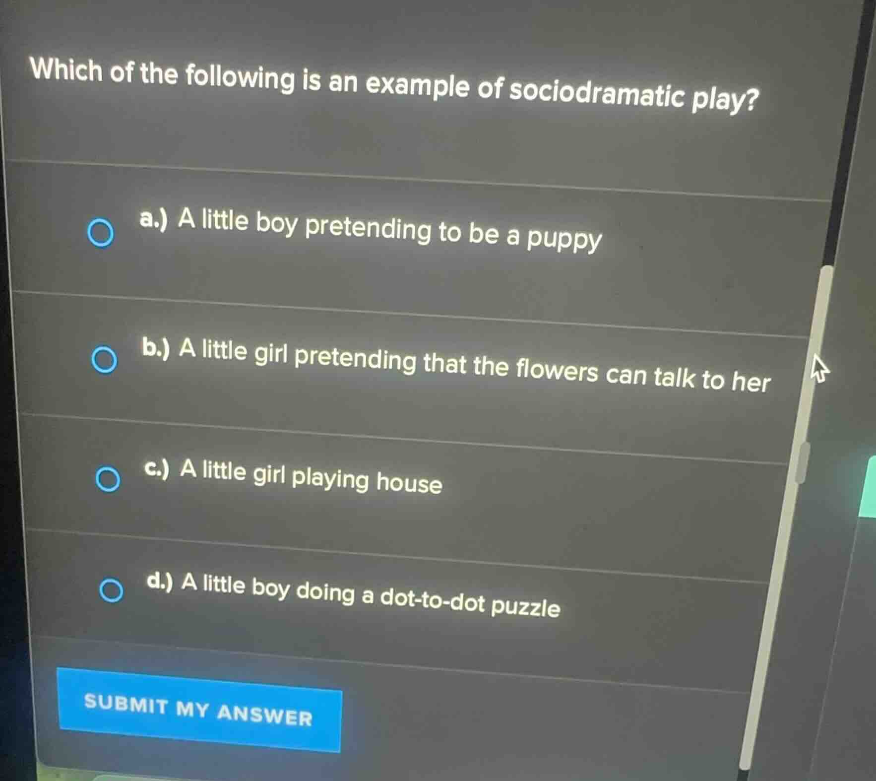 which of the following is an example of sociodramatic play? a.) a littl…