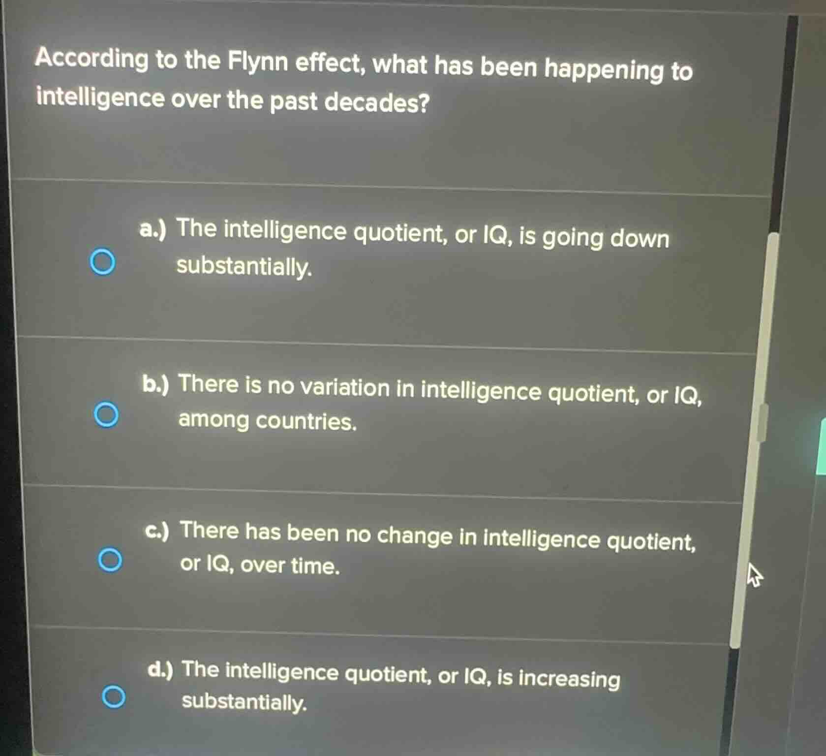 according to the flynn effect, what has been happening to intelligence …