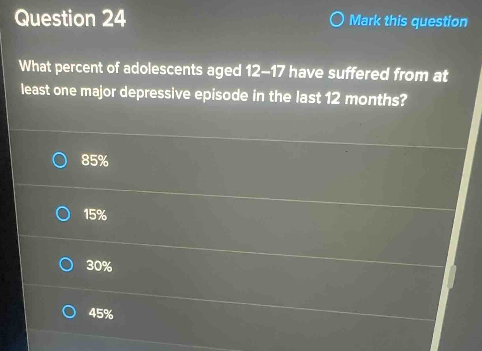 question 24 what percent of adolescents aged 12-17 have suffered from a…