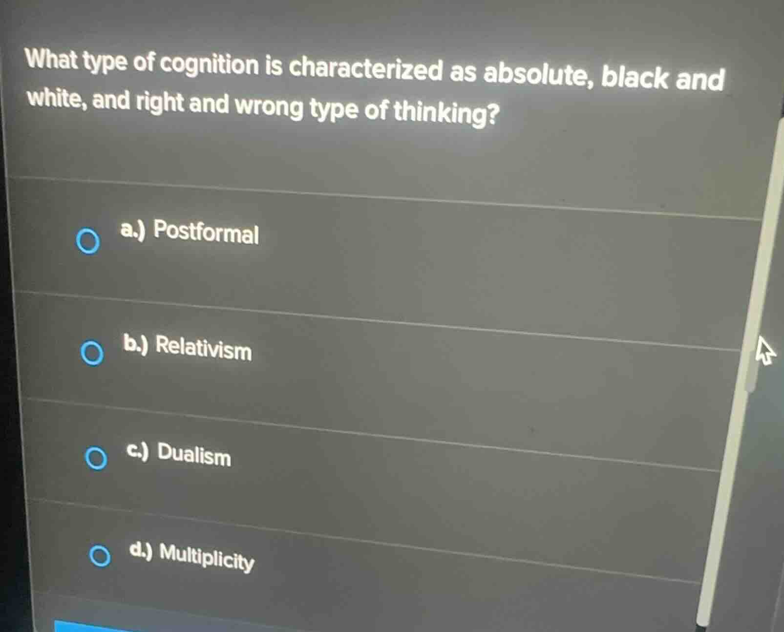 what type of cognition is characterized as absolute, black and white, a…