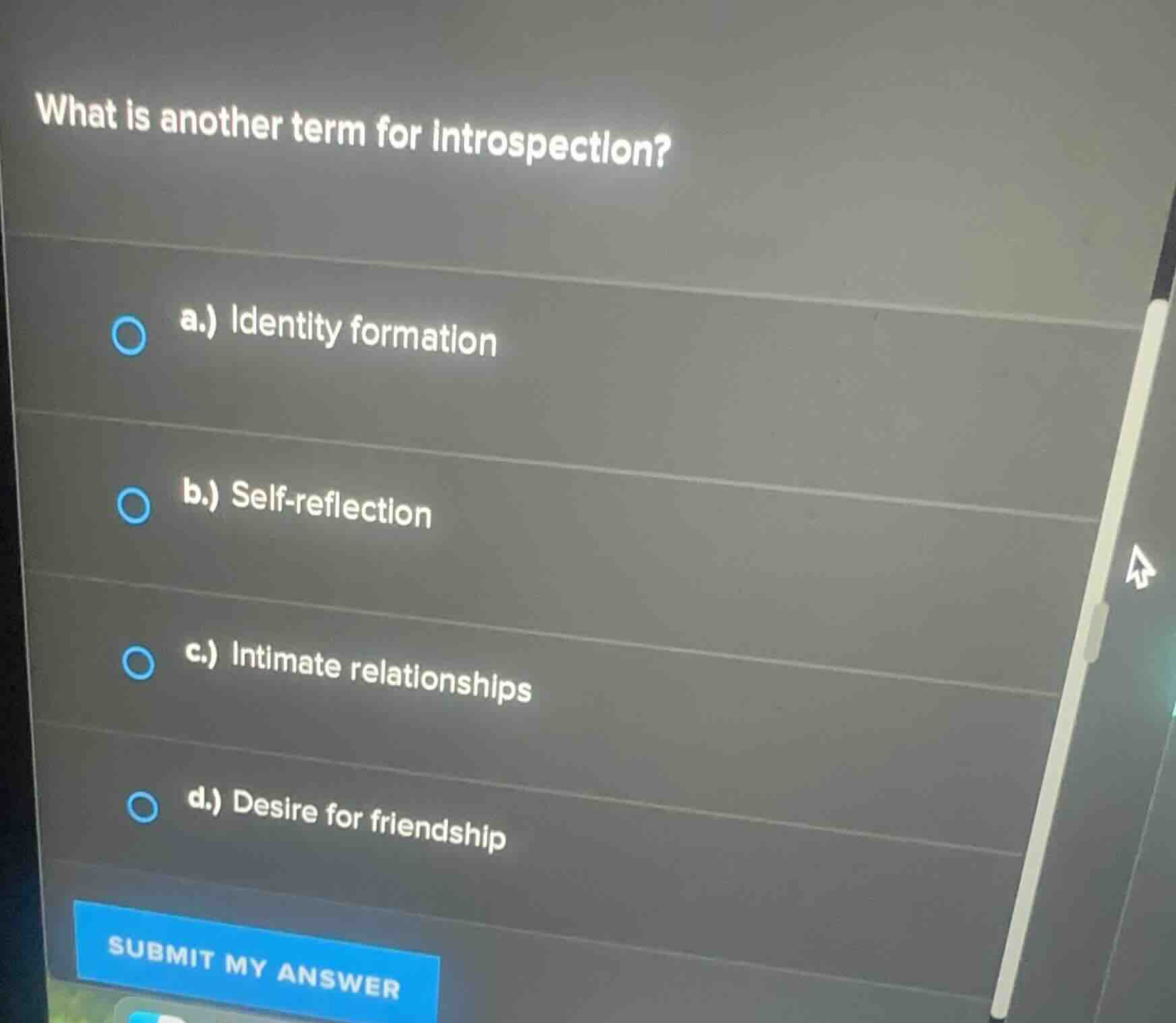 what is another term for introspection? a.) identity formation b.) self…