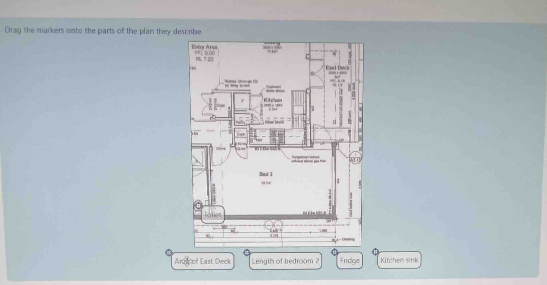 drag the markers onto the parts of the plan they describe. area of east…