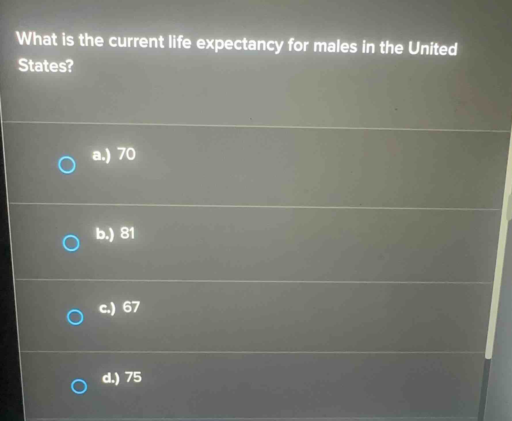 what is the current life expectancy for males in the united states? a.)…
