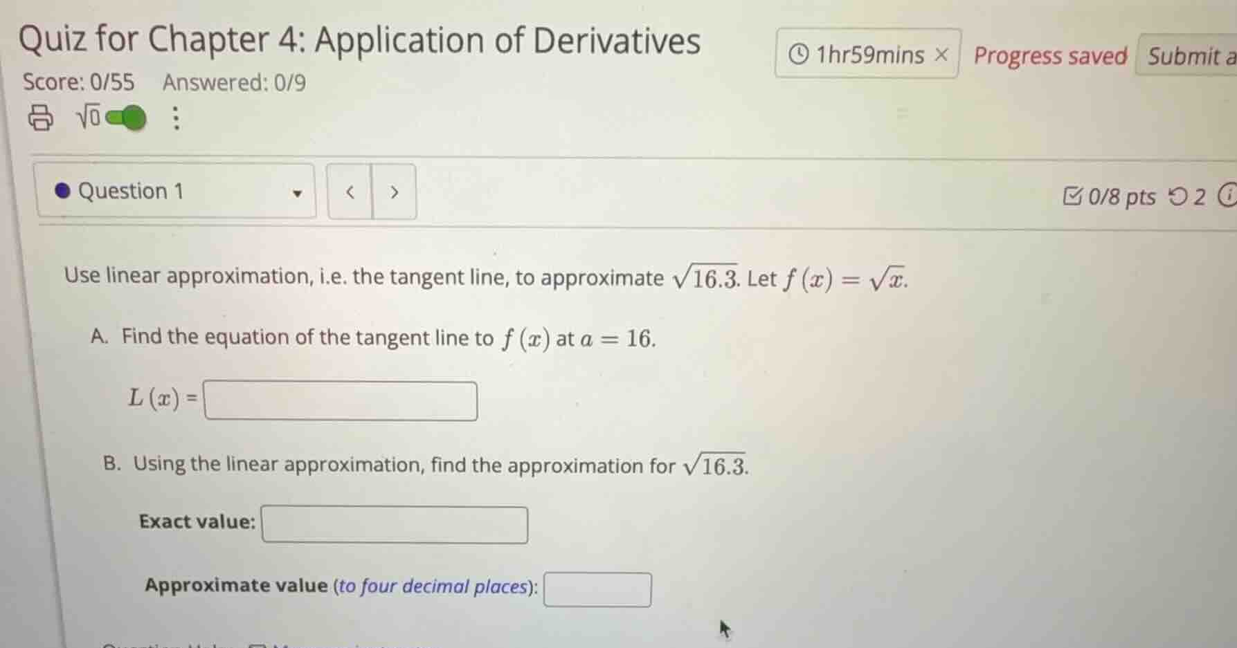 use linear approximation, i.e. the tangent line, to approximate \\(\\sq…