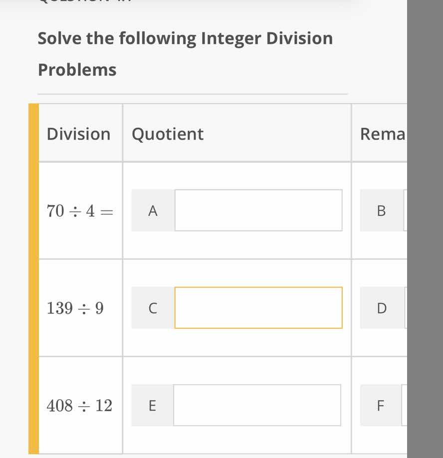 solve the following integer division problems \\begin{tabular}{|l|l|l|}…