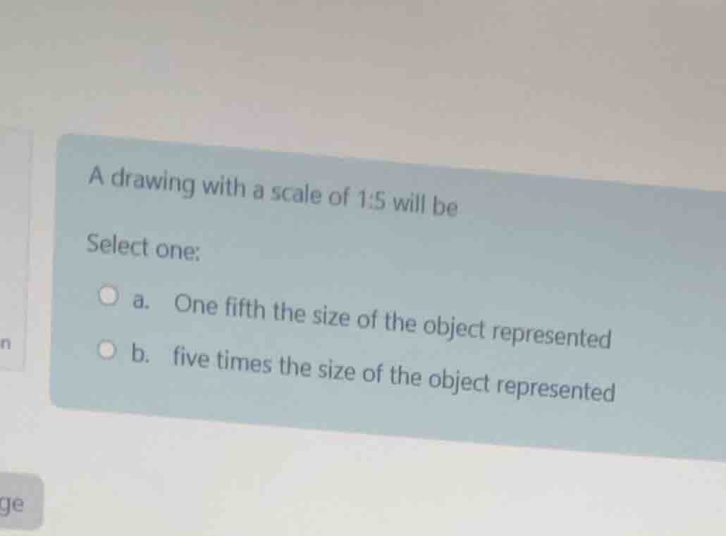 a drawing with a scale of 1:5 will be select one: a. one fifth the size…