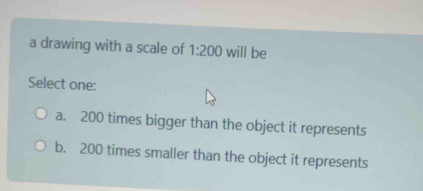 a drawing with a scale of 1:200 will be select one: a. 200 times bigger…