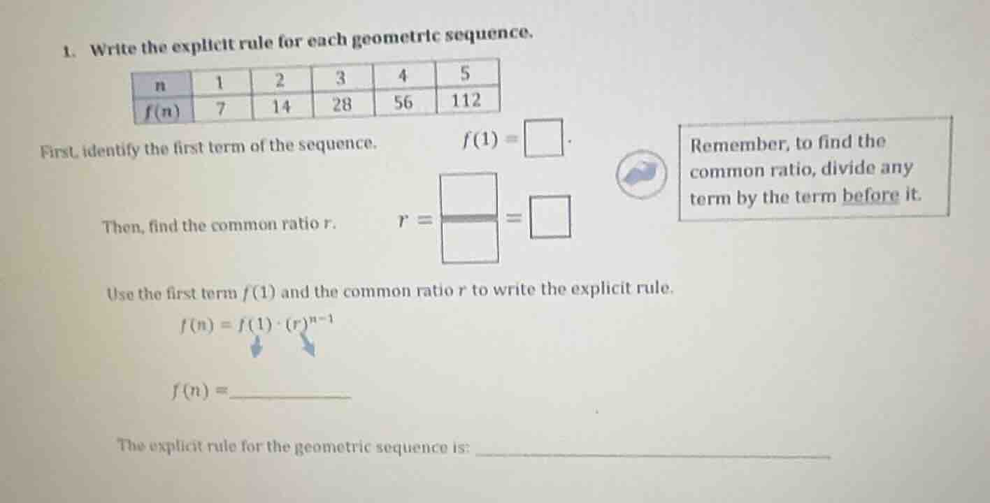 1. write the explicit rule for each geometric sequence. \\begin{array}{…
