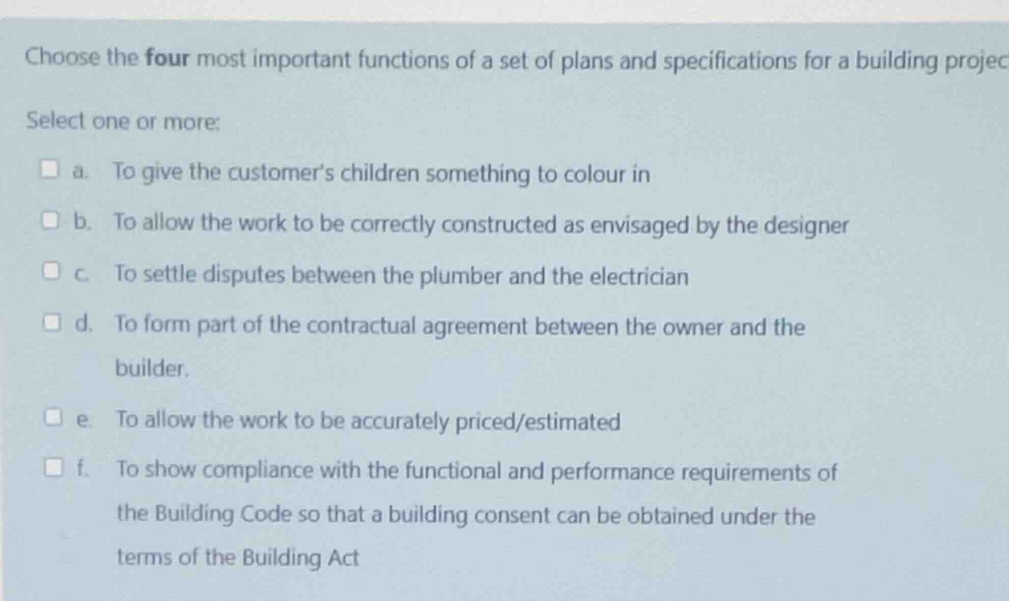 choose the four most important functions of a set of plans and specific…