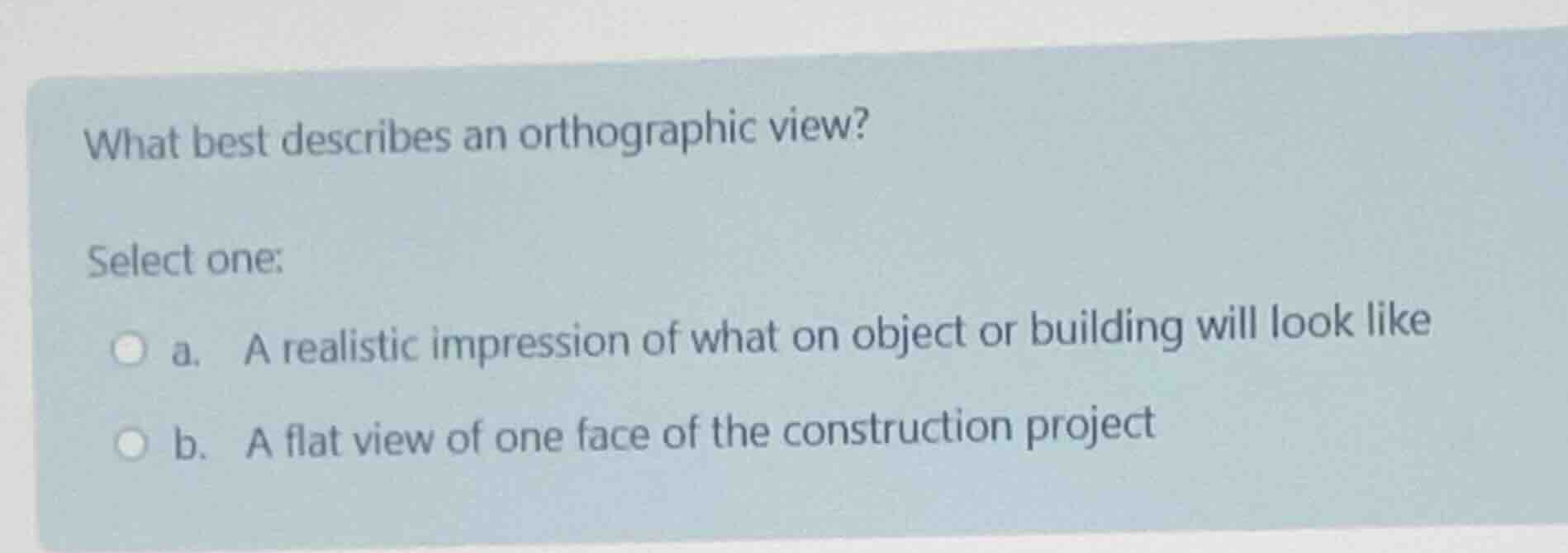 what best describes an orthographic view? select one: a. a realistic im…