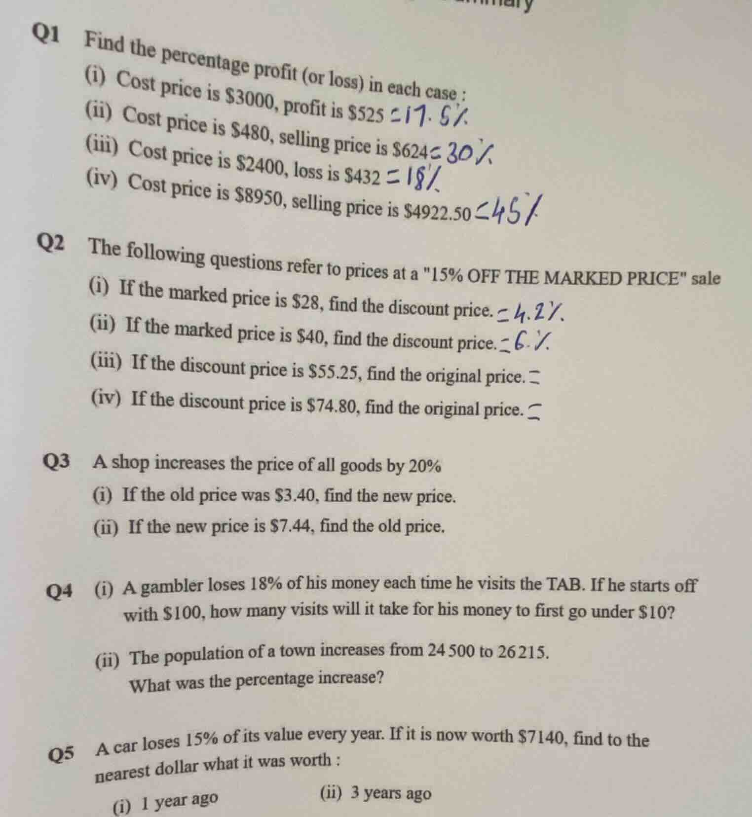 q1 find the percentage profit (or loss) in each case: (i) cost price is…