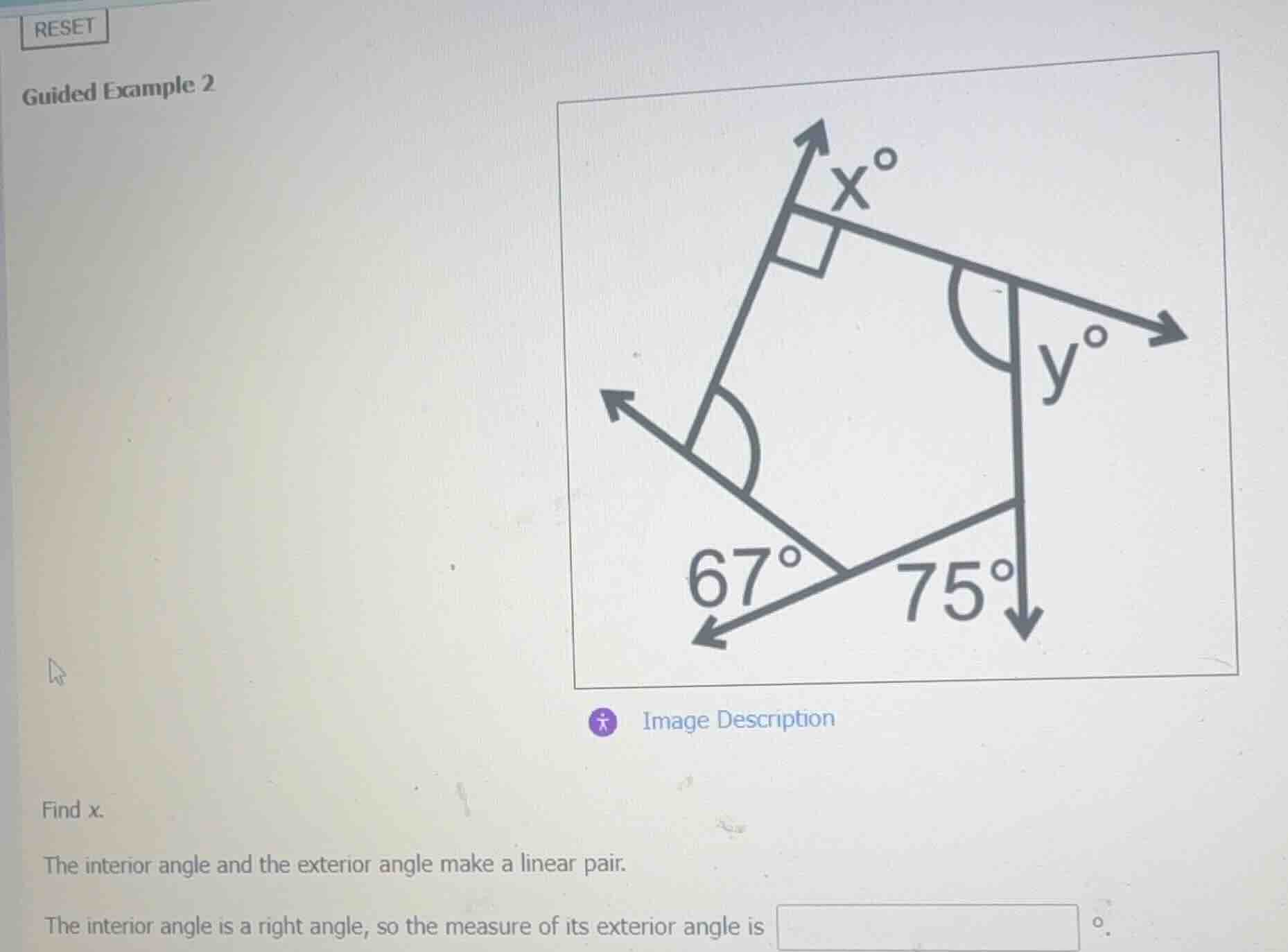 guided example 2 find \\(x\\). the interior angle and the exterior angl…