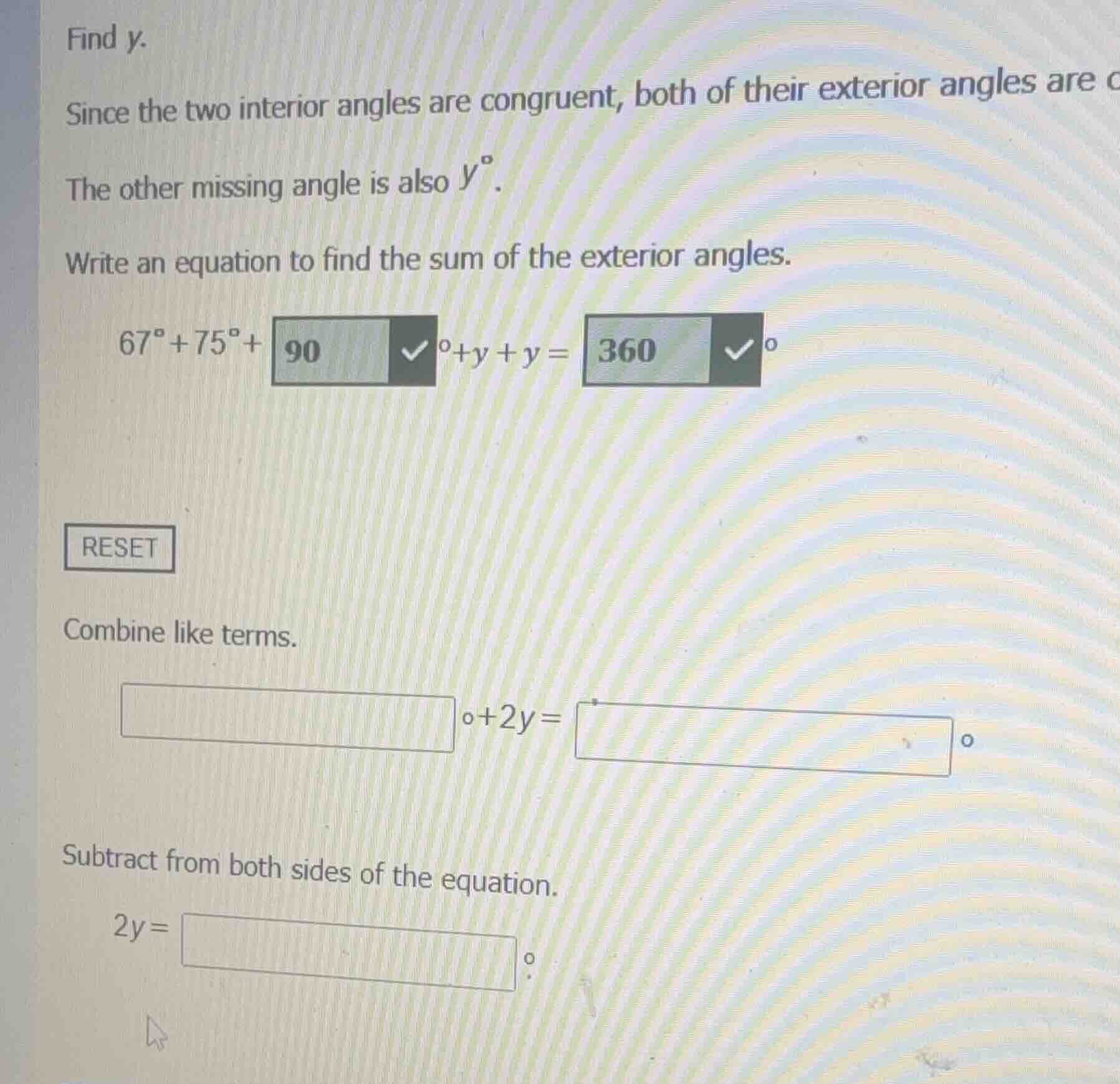 find \\(y\\). since the two interior angles are congruent, both of thei…