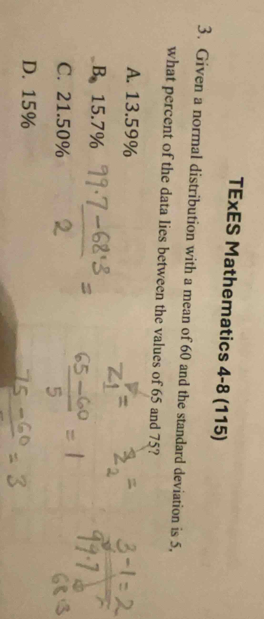 texes mathematics 4-8 (115) 3. given a normal distribution with a mean …