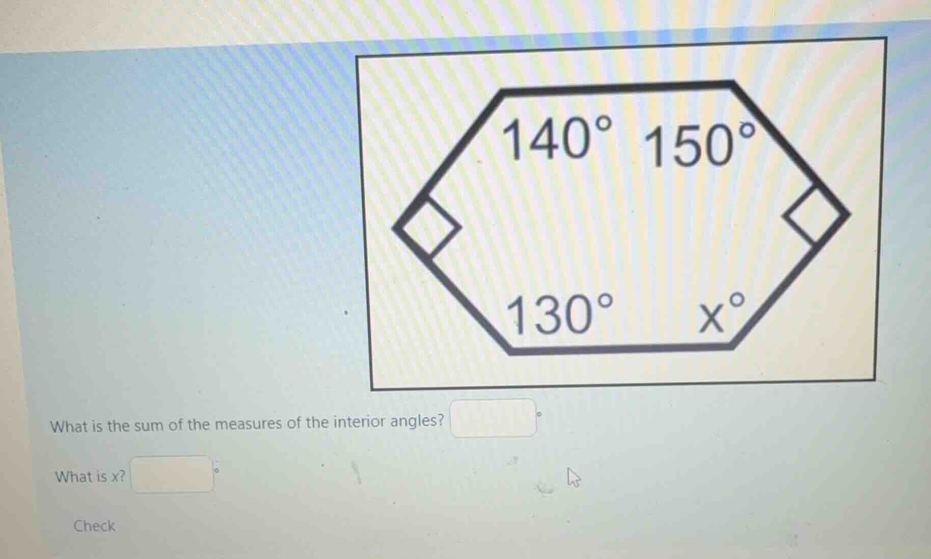 what is the sum of the measures of the interior angles? what is x?