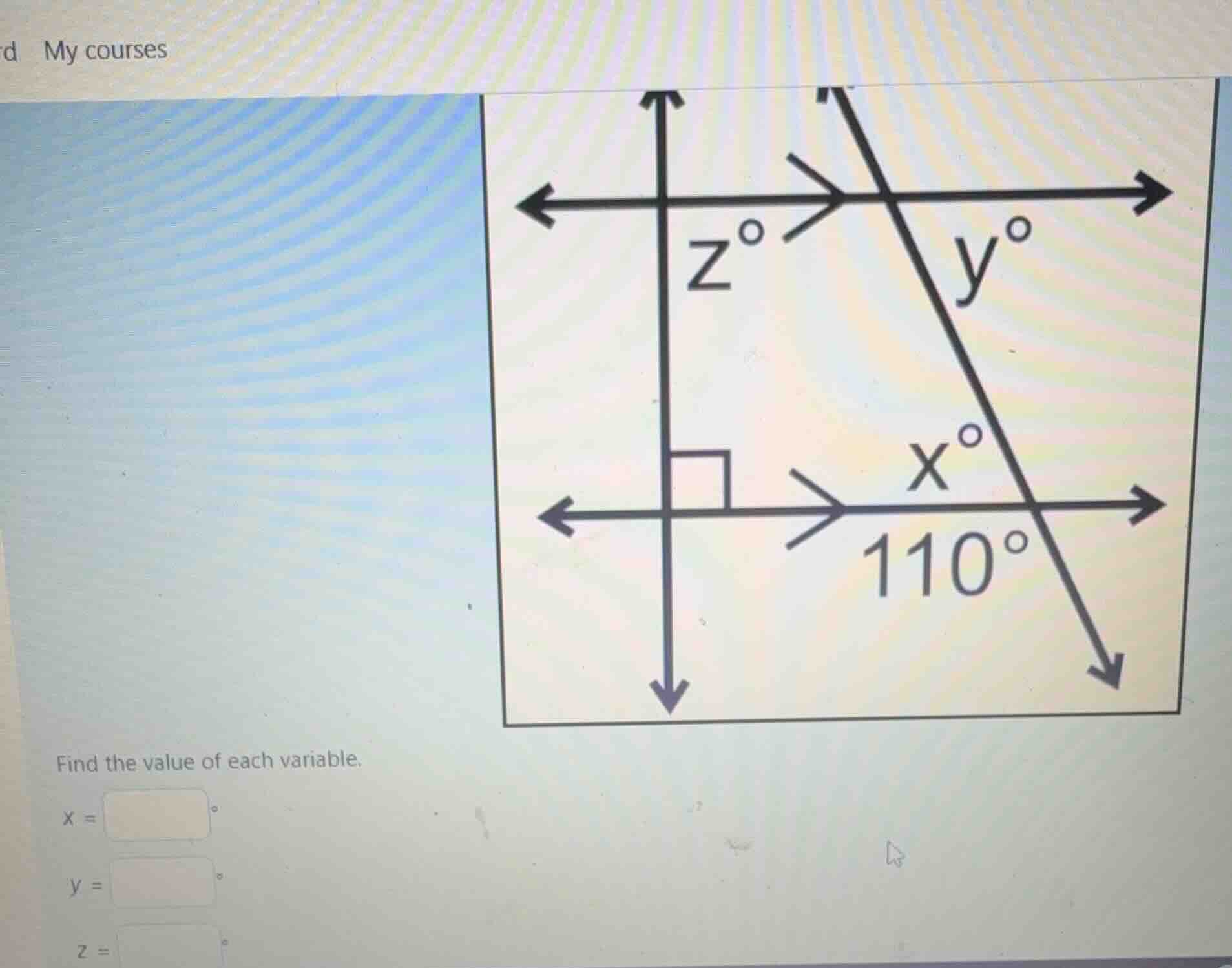 find the value of each variable. \\(x = \\) \\(y = \\) \\(z = \\)