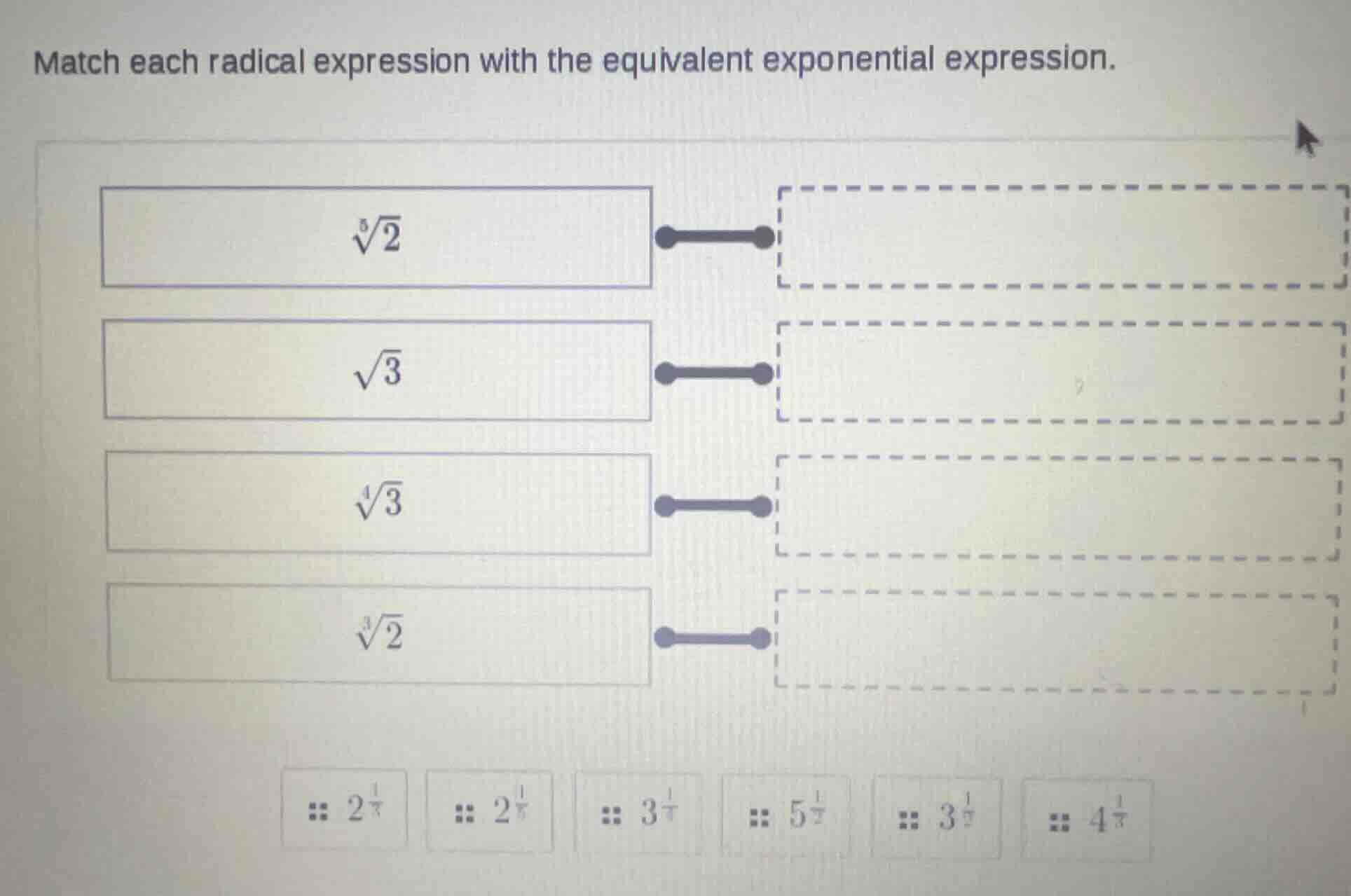 match each radical expression with the equivalent exponential expressio…