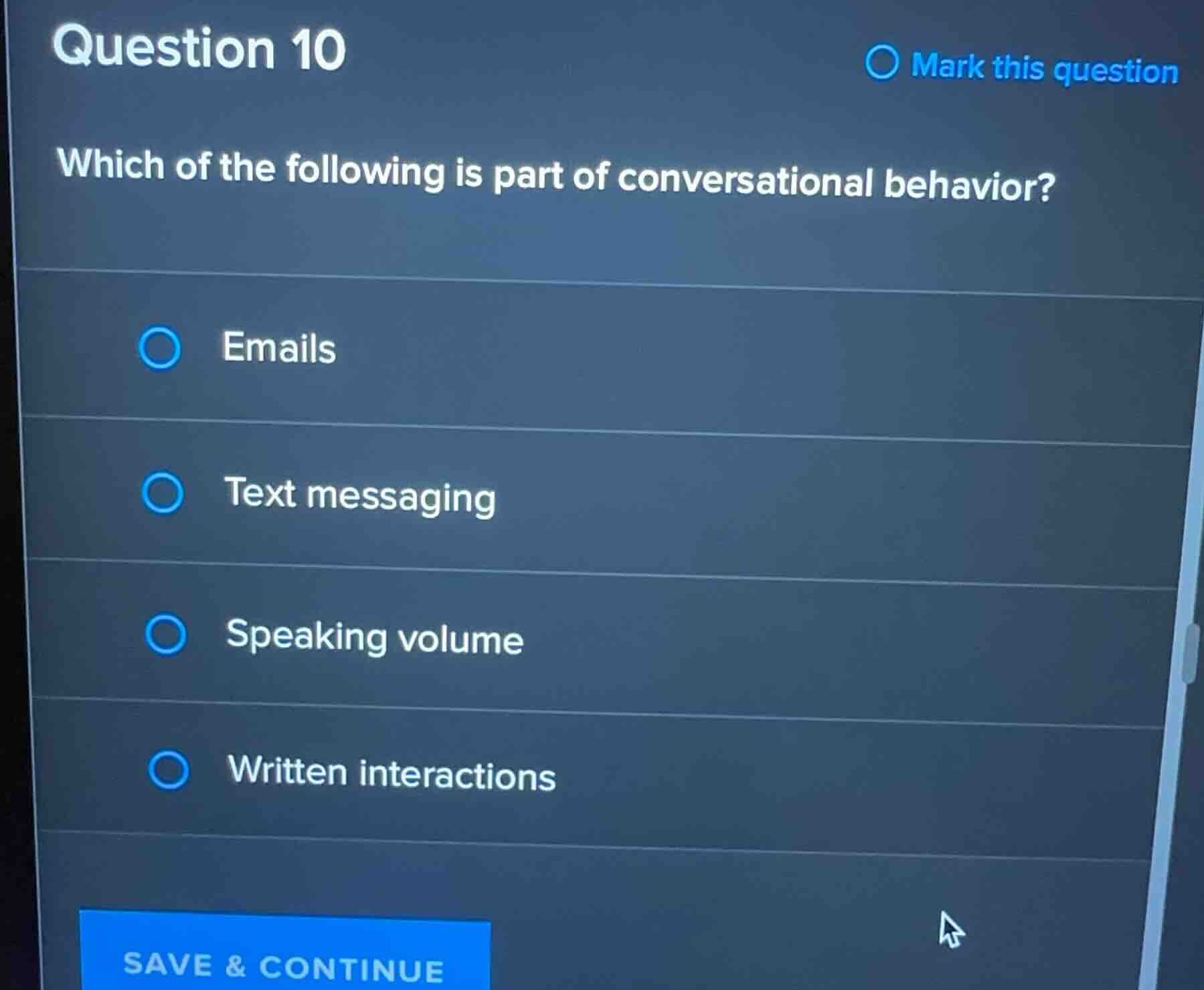 question 10 which of the following is part of conversational behavior? …