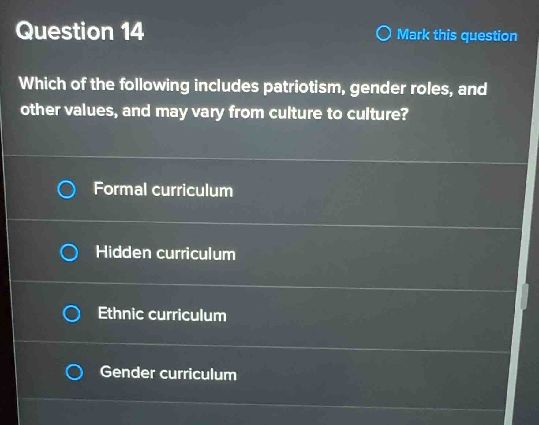 question 14 which of the following includes patriotism, gender roles, a…
