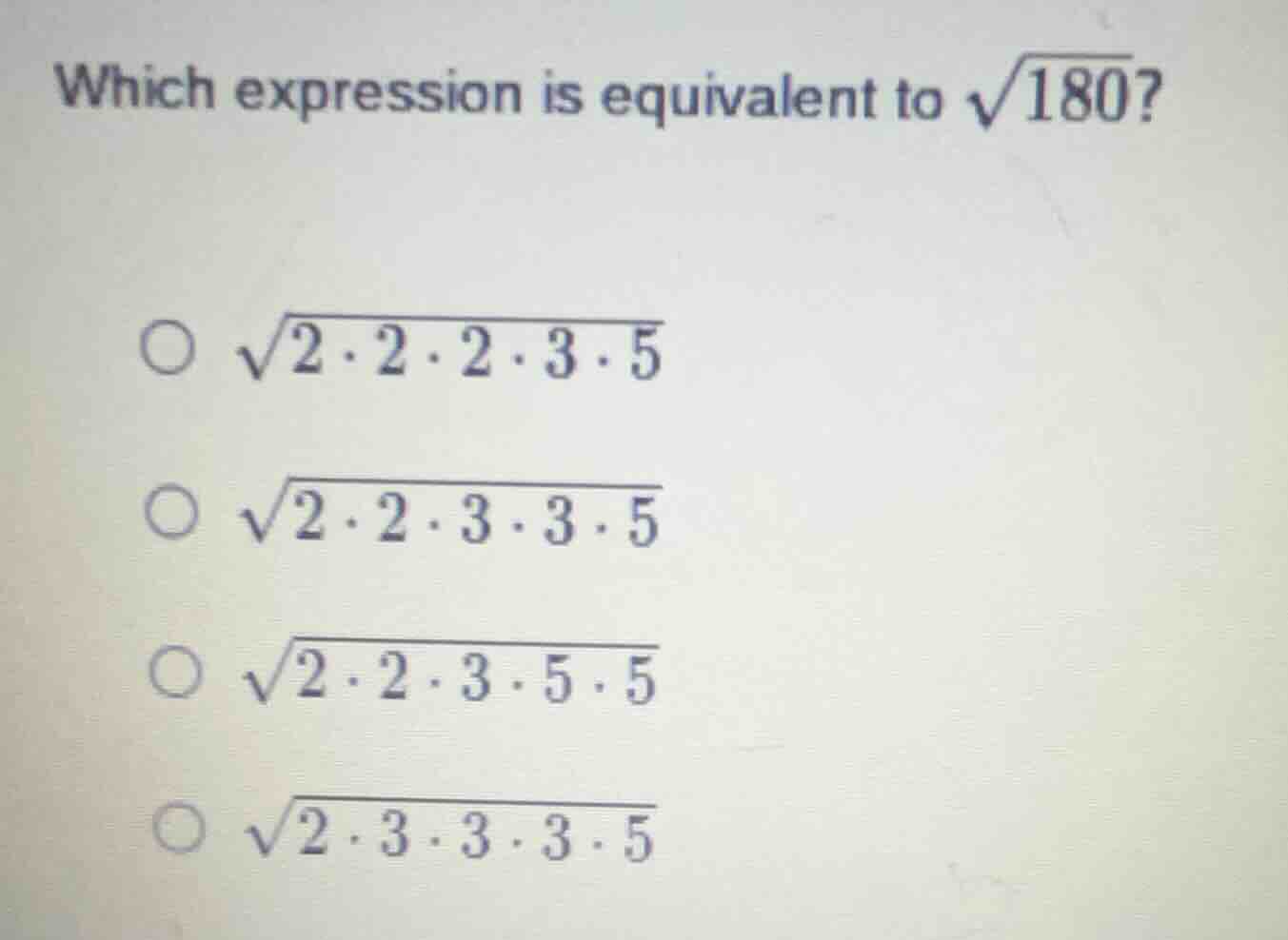 which expression is equivalent to \\(\\sqrt{180}\\)? \\(\\bigcirc\\) \\…