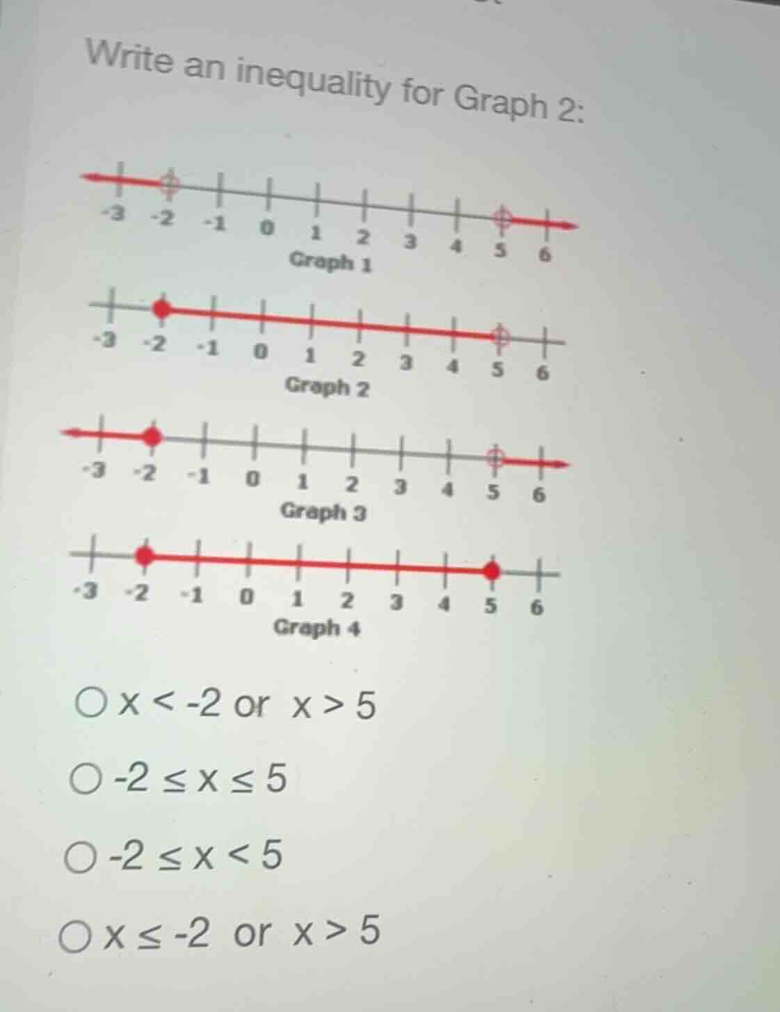 write an inequality for graph 2: \\(x < -2\\) or \\(x > 5\\) \\(-2 \\le…