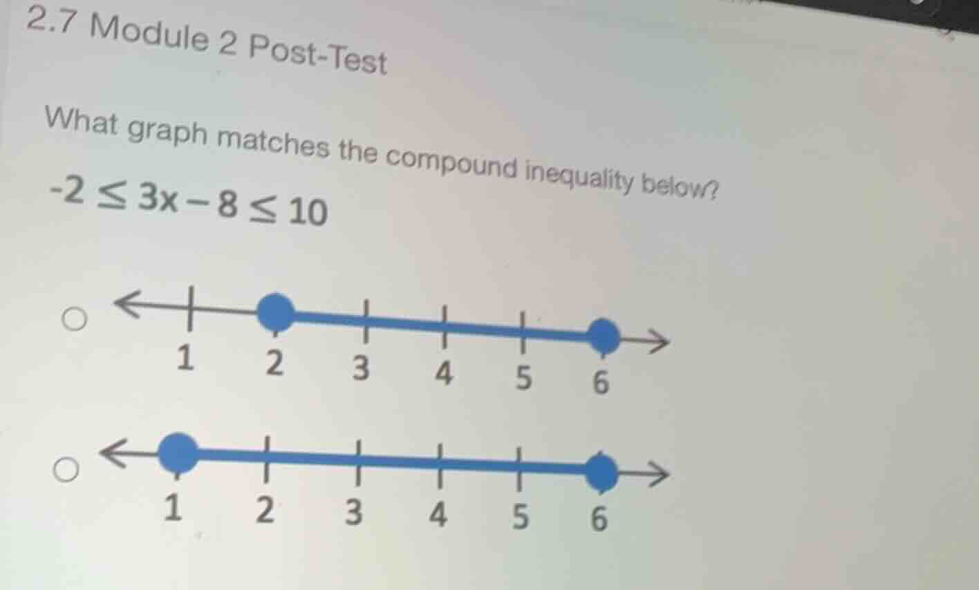 2.7 module 2 post-test what graph matches the compound inequality below…