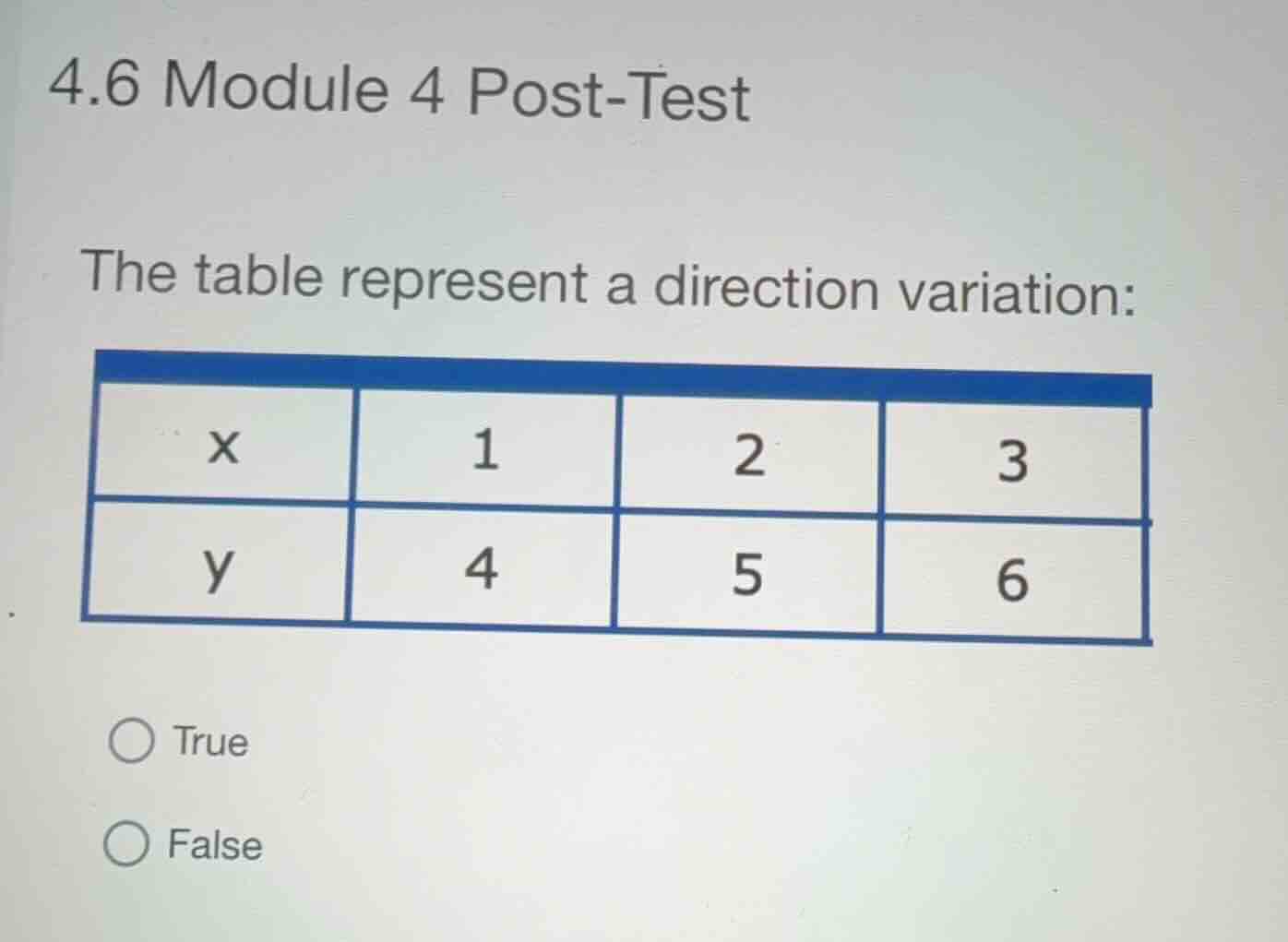 4.6 module 4 post-test the table represent a direction variation: \\beg…