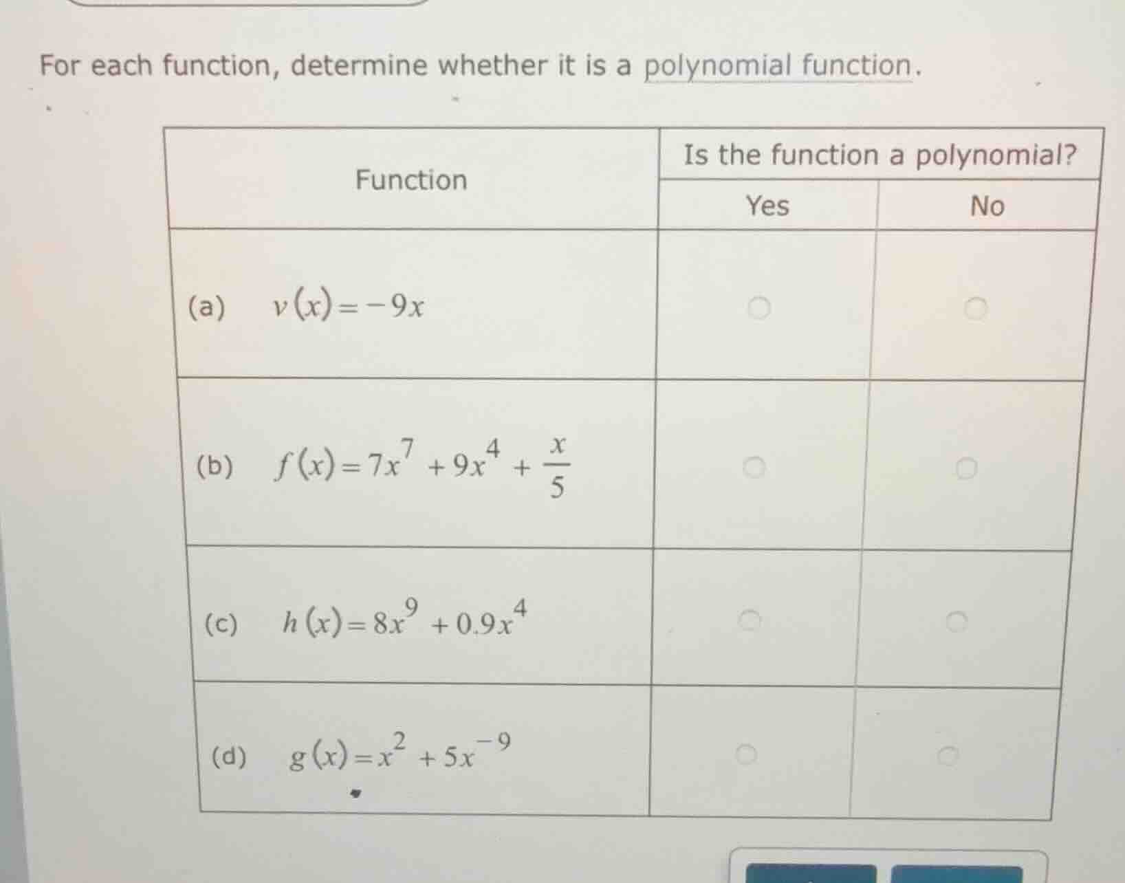 for each function, determine whether it is a polynomial function. \\beg…