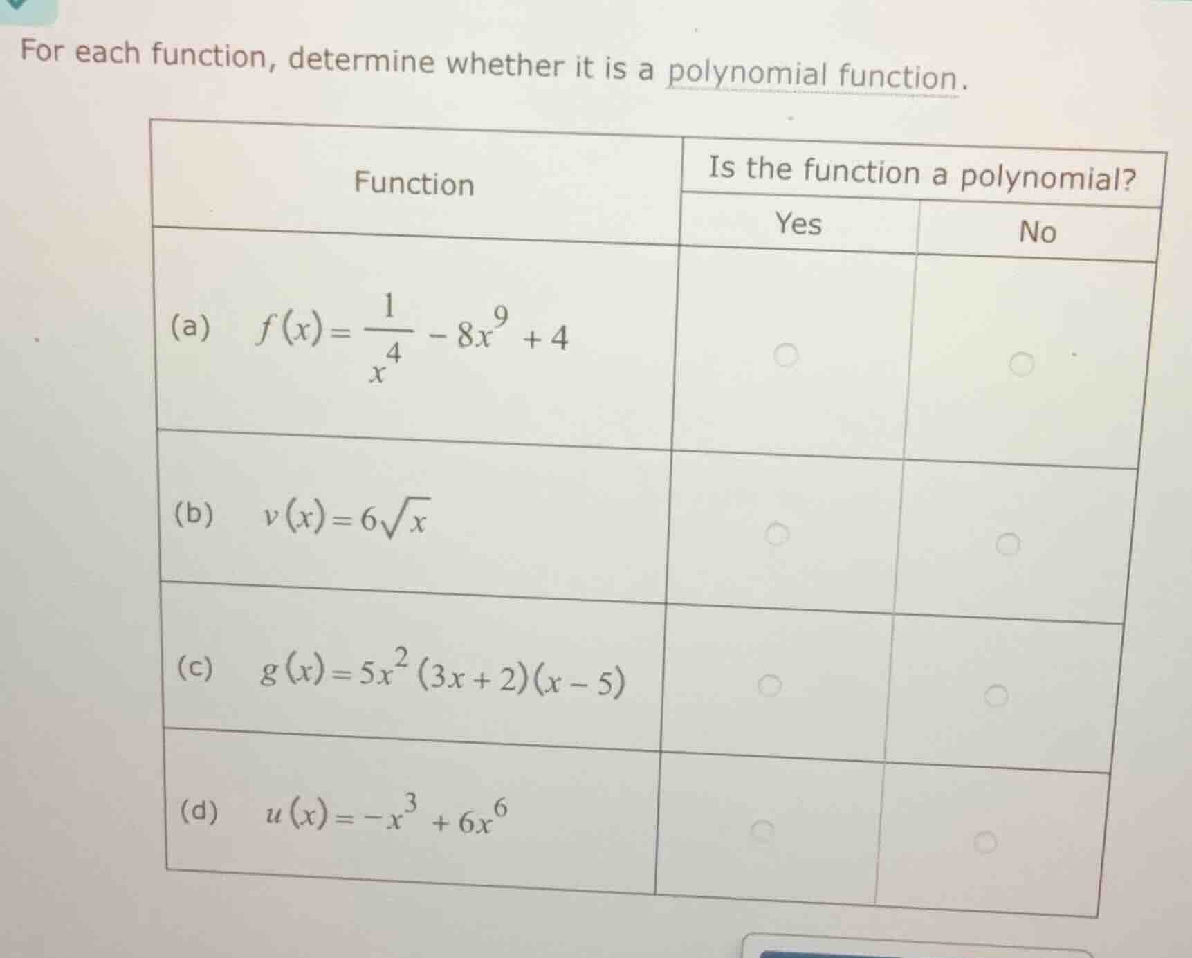 for each function, determine whether it is a polynomial function. \\beg…