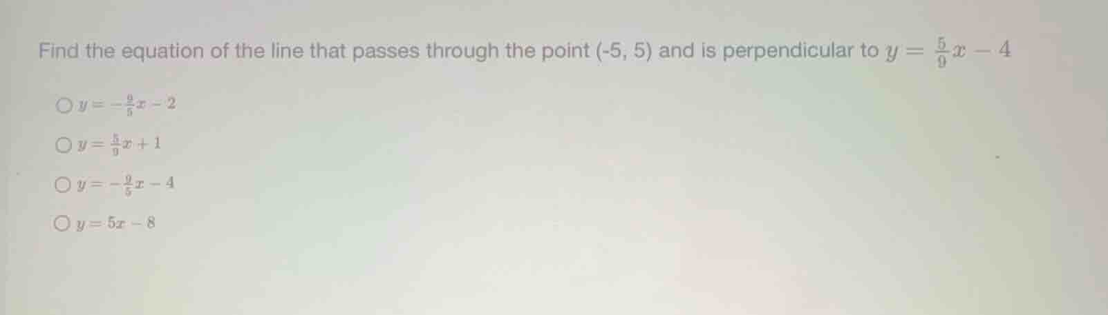 find the equation of the line that passes through the point (-5, 5) and…