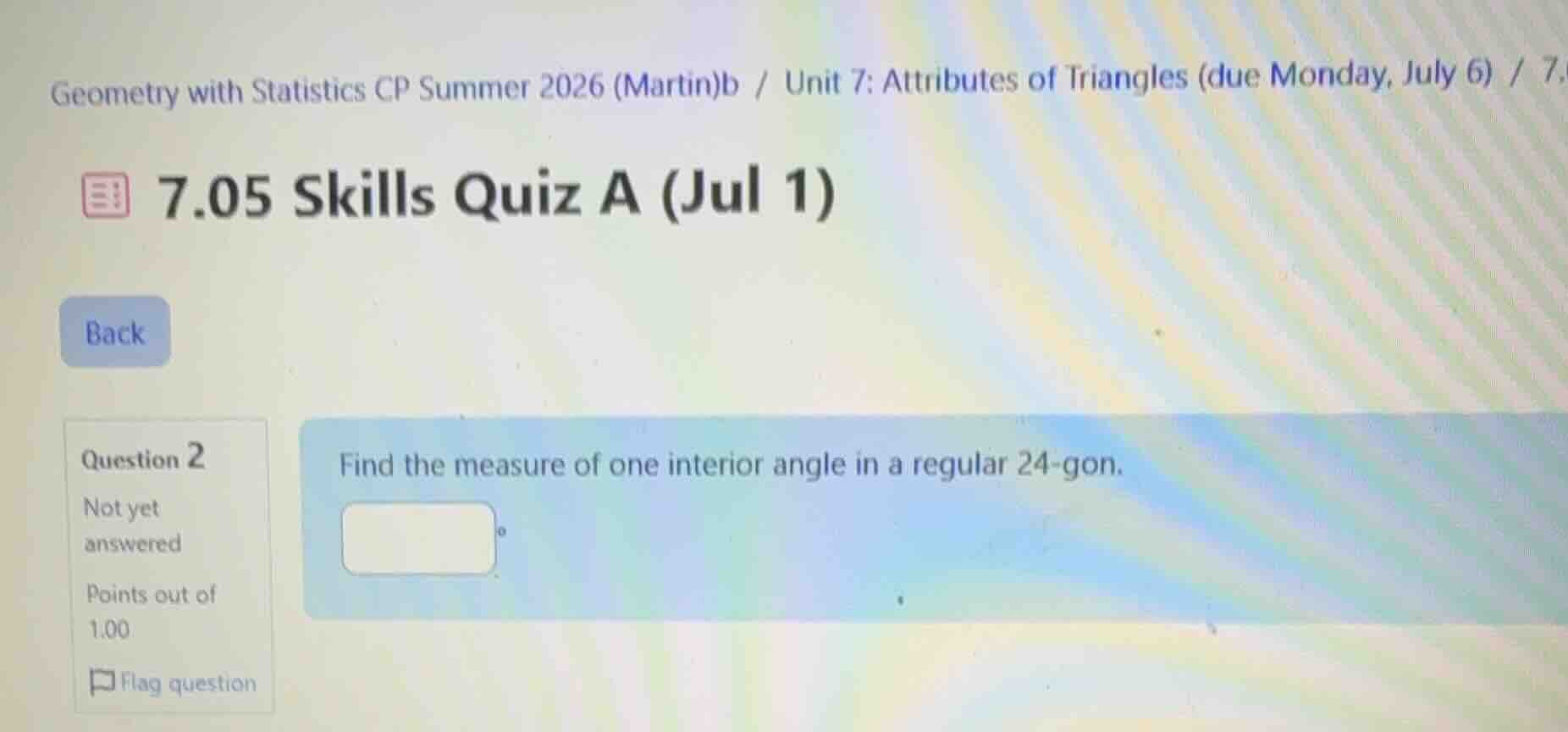 find the measure of one interior angle in a regular 24-gon.