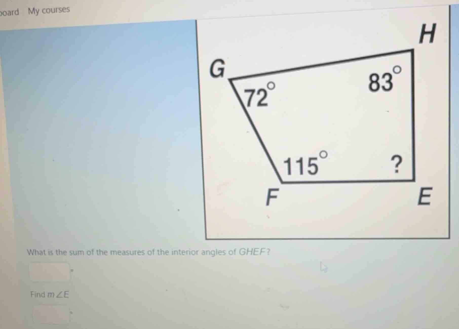 what is the sum of the measures of the interior angles of \\(ghef\\)? f…