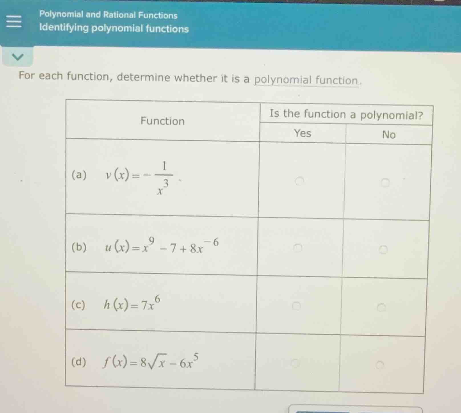 for each function, determine whether it is a polynomial function. \\beg…