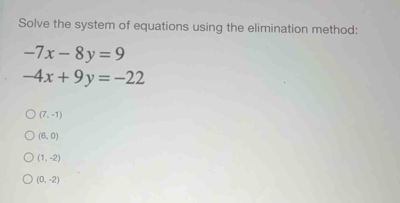 solve the system of equations using the elimination method: \\ \\begin{…