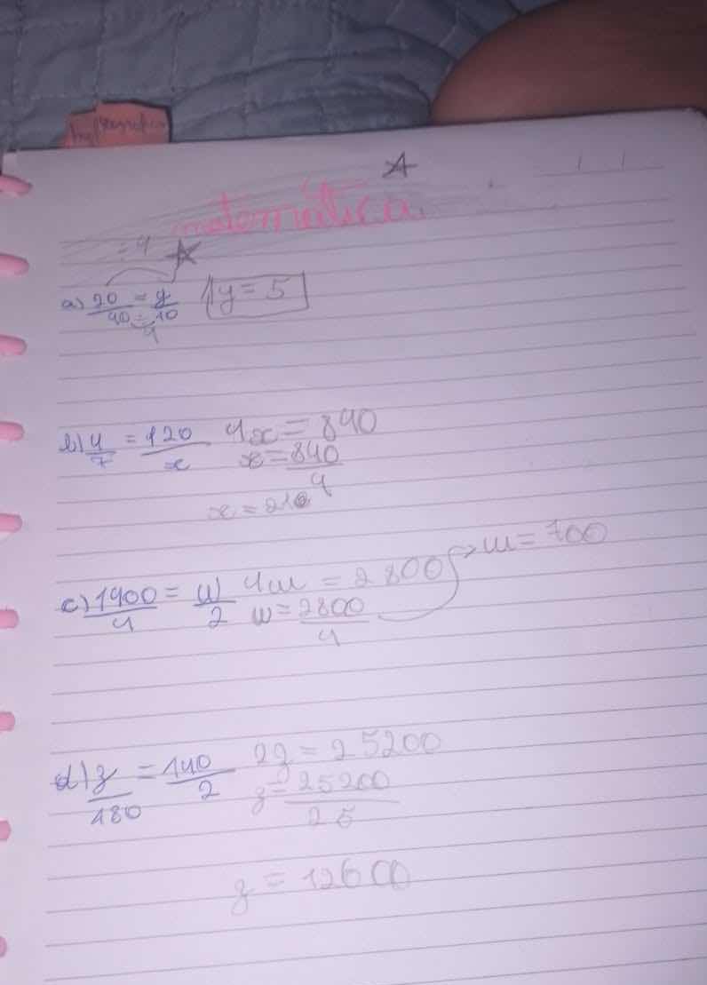 a) \\frac{20}{90} = \\frac{y}{10} b) \\frac{4}{7} = \\frac{120}{x} c) \…