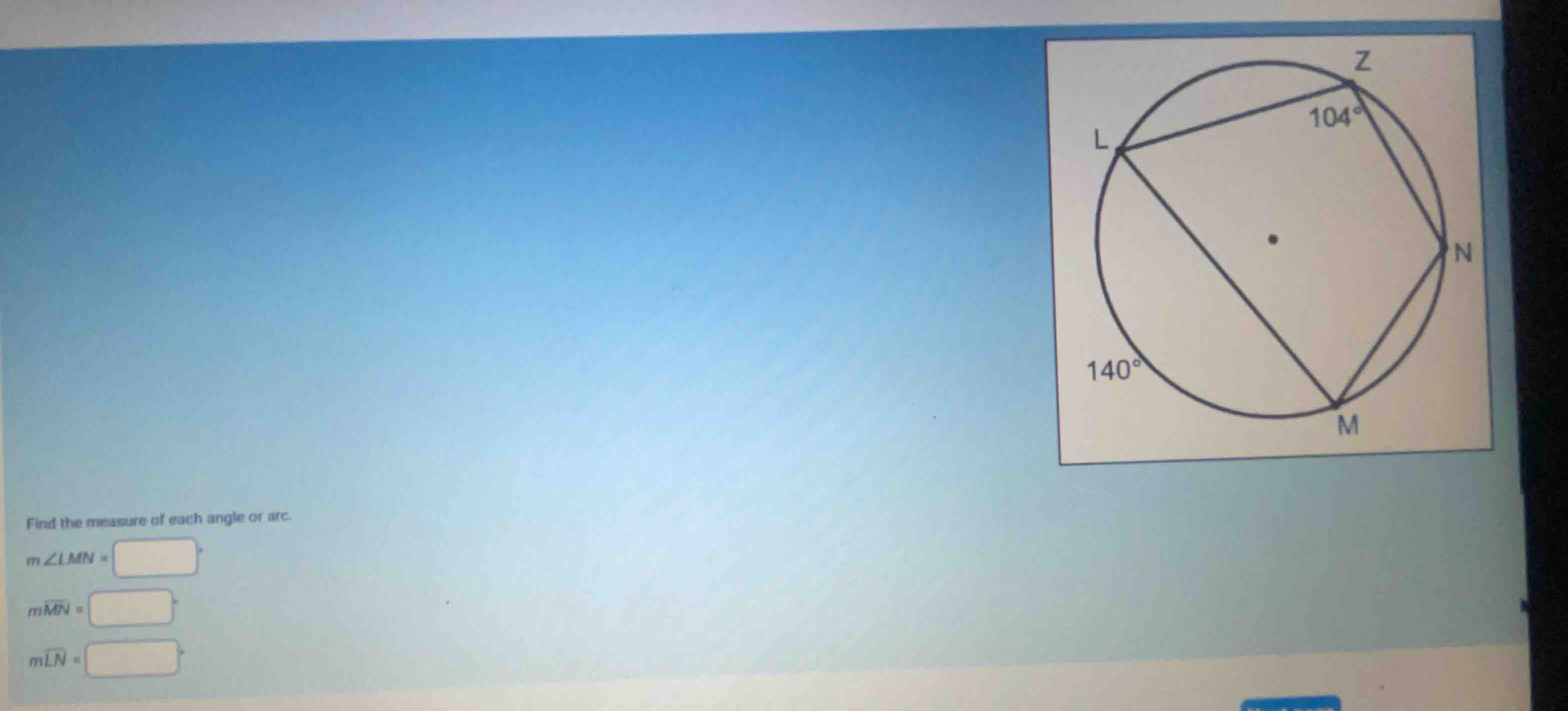 find the measure of each angle or arc. \\(m \\angle lmn = \\) \\(m\\wid…