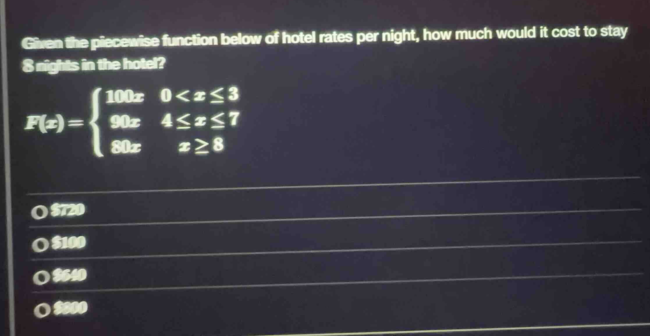 given the piecewise function below of hotel rates per night, how much w…