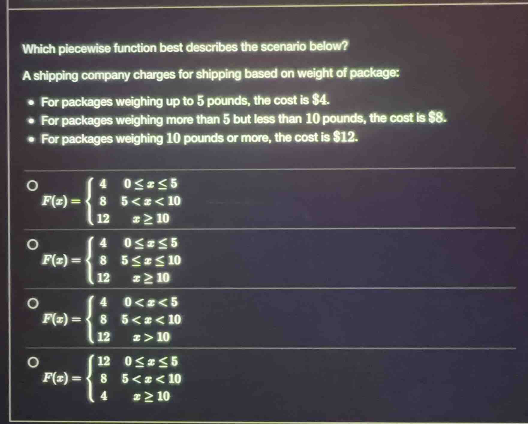 which piecewise function best describes the scenario below? a shipping …