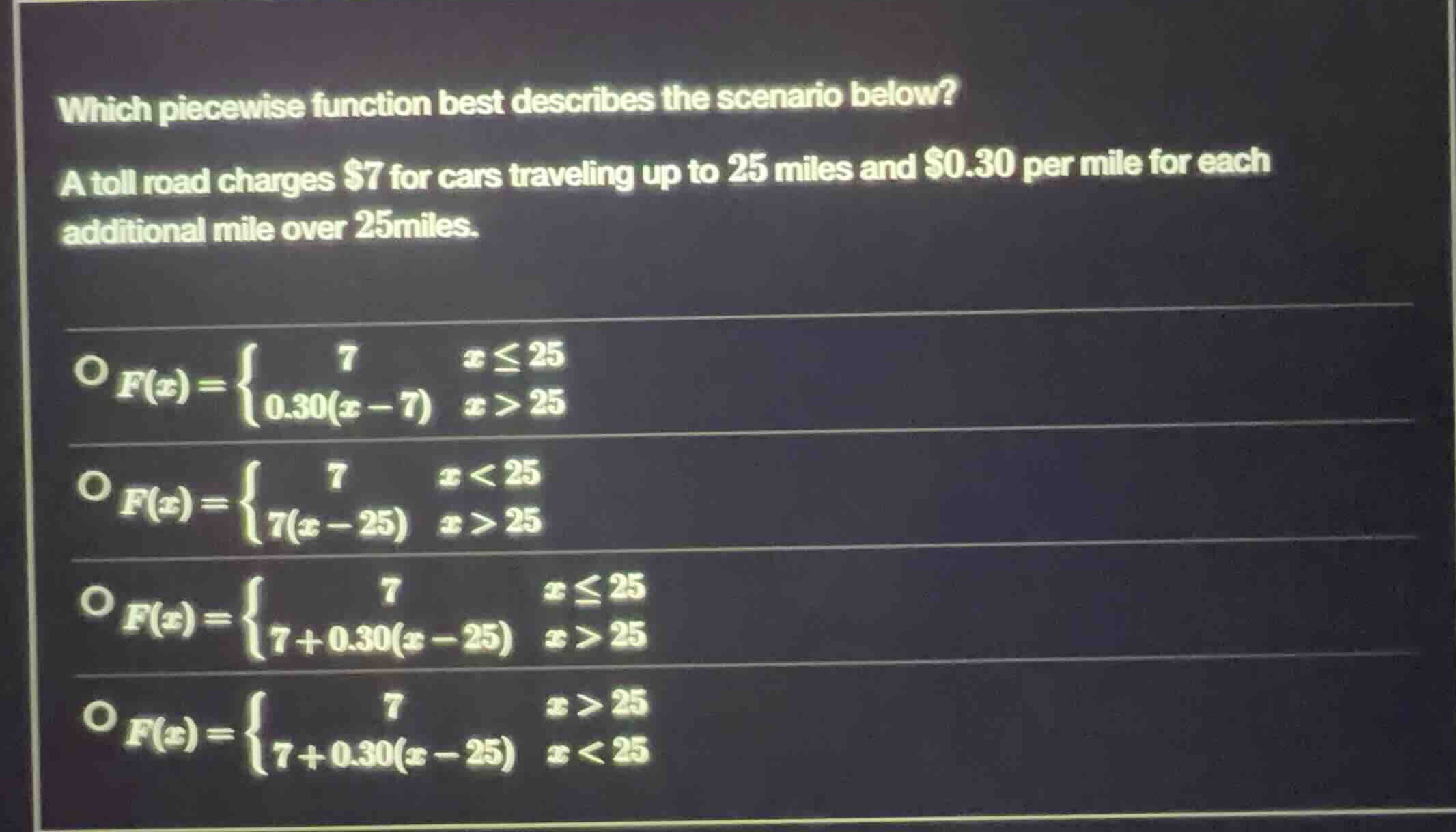 which piecewise function best describes the scenario below? a toll road…
