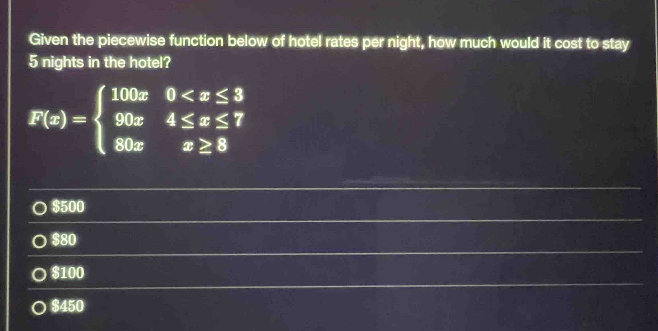 given the piecewise function below of hotel rates per night, how much w…