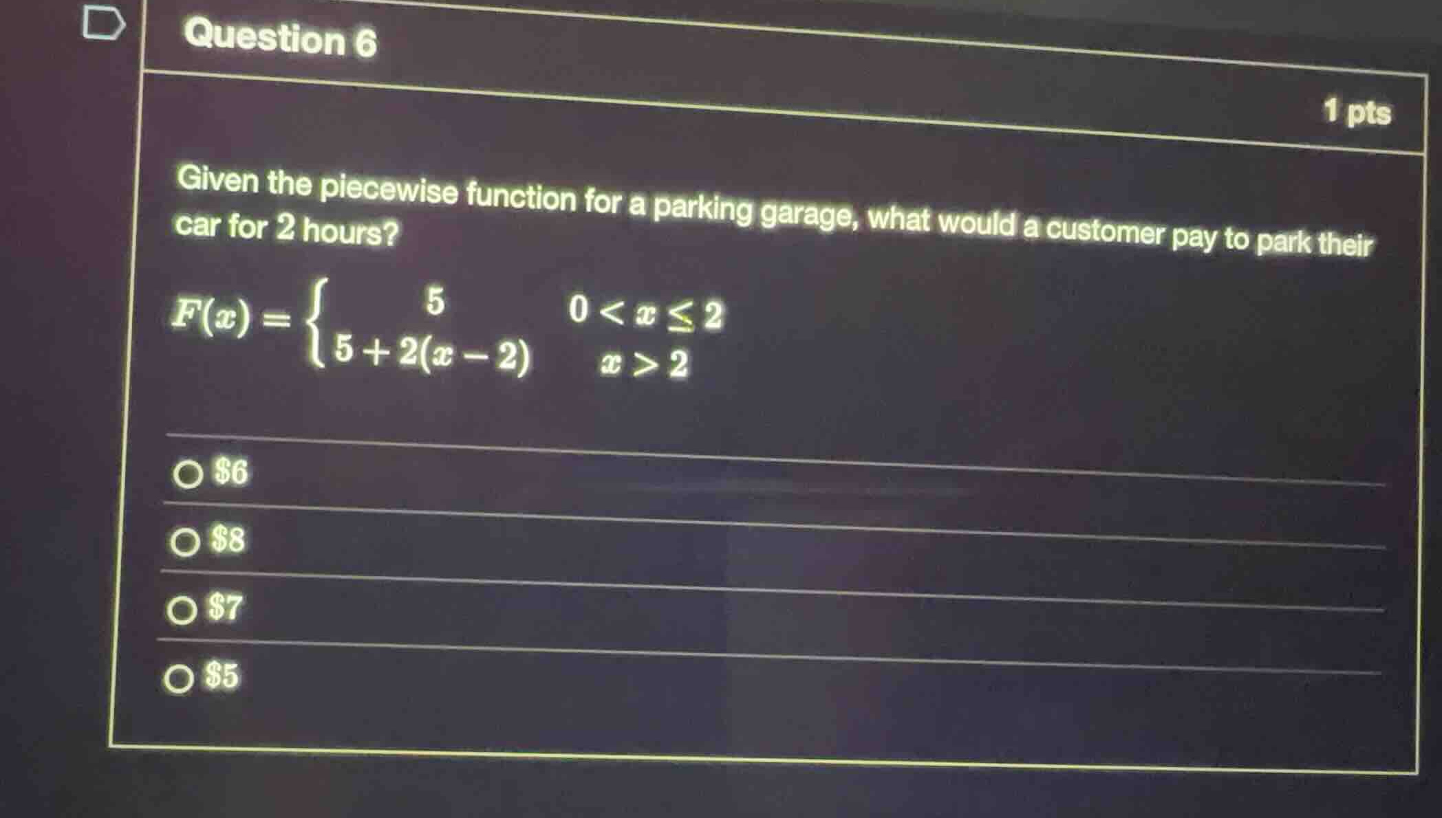 given the piecewise function for a parking garage, what would a custome…