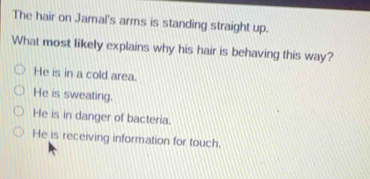 the hair on jamals arms is standing straight up. what most likely expla…