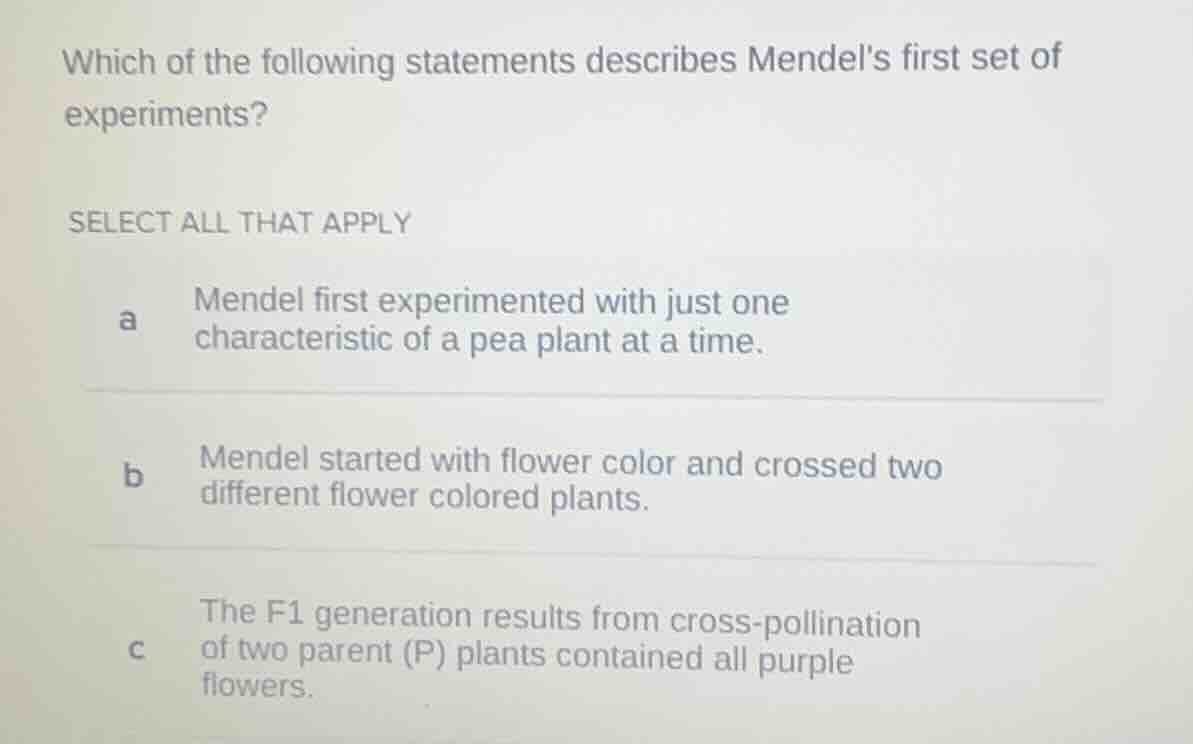 which of the following statements describes mendels first set of experi…